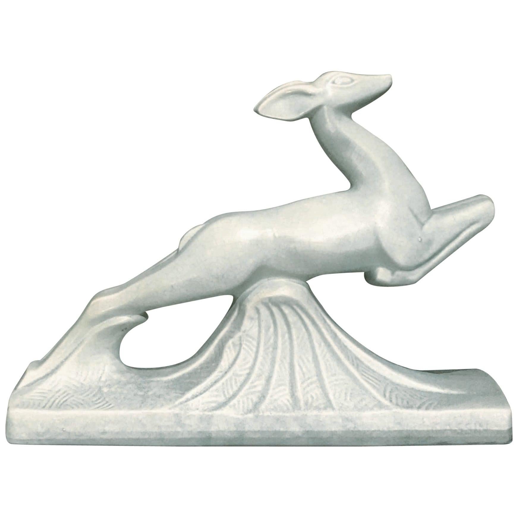 Early 20th Century Art Deco Crackle Glazed Ceramic Figure of a Jumping Antelope For Sale