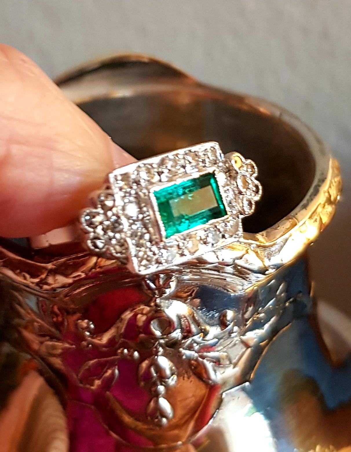 Emerald Cut Early 20th Century Art Deco Emerald and Diamond Platinum Ring For Sale