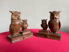 Early 20th Century Art Deco Era Bookends W. Hand Carved Family of Owl Sculptures