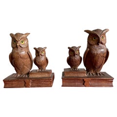 Early 20th Century Art Deco Era Bookends W. Hand Carved Family of Owl Sculptures