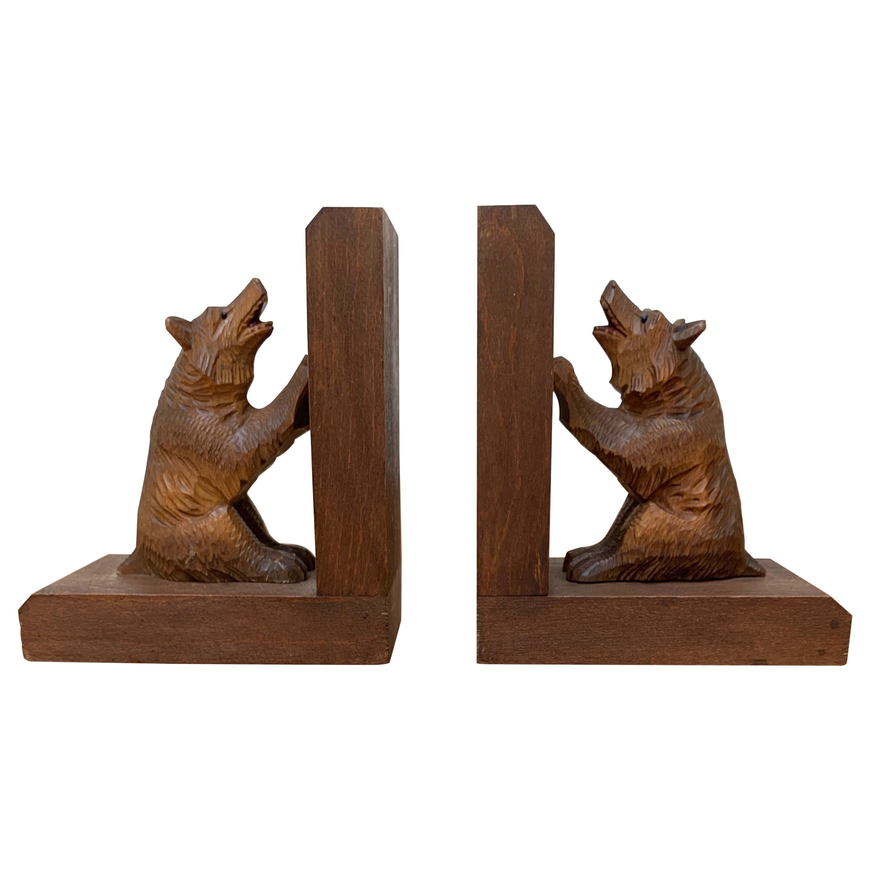 Early 20th Century Art Deco Era Bookends with Hand Carved Bear Sculptures