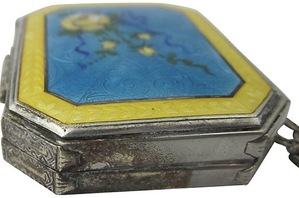 Early 20th Century Art Deco Floral Guilloche Enamel Compact In Fair Condition In Miami Beach, FL