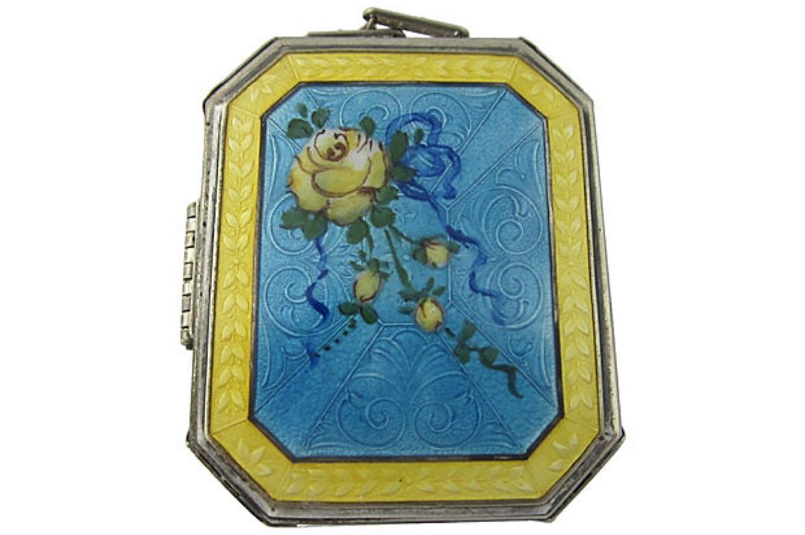 Women's Early 20th Century Art Deco Floral Guilloche Enamel Compact