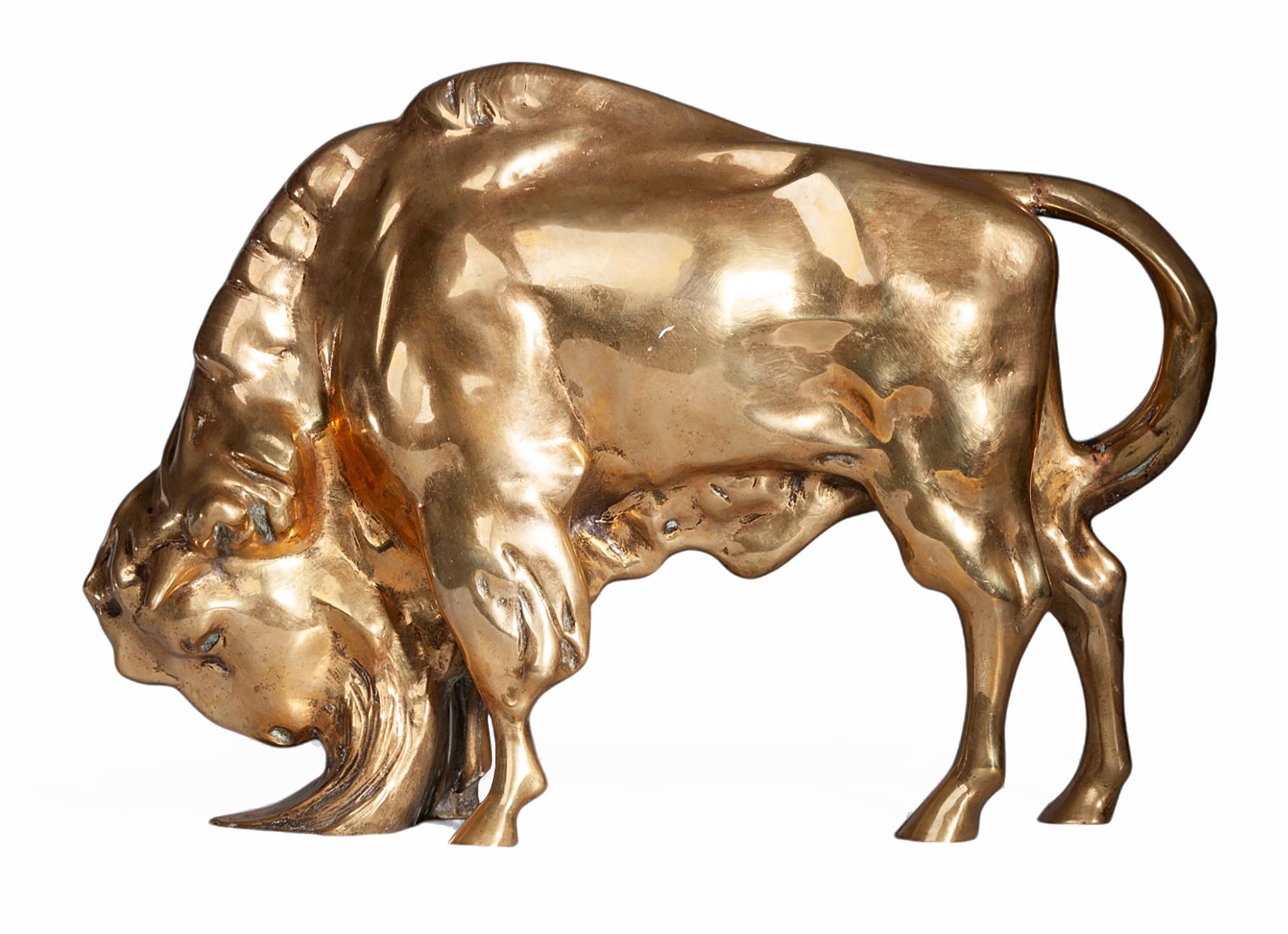 Early 20th century Art Déco gilt bronze bearded buffalo/bison sculpture, France

By: unknown
Material: bronze, copper, metal
Technique: cast, molded, metalwork, patinated, polished, gilt
Dimensions: 18 in x 5.5 in x 12.5 in
Date: early 20th