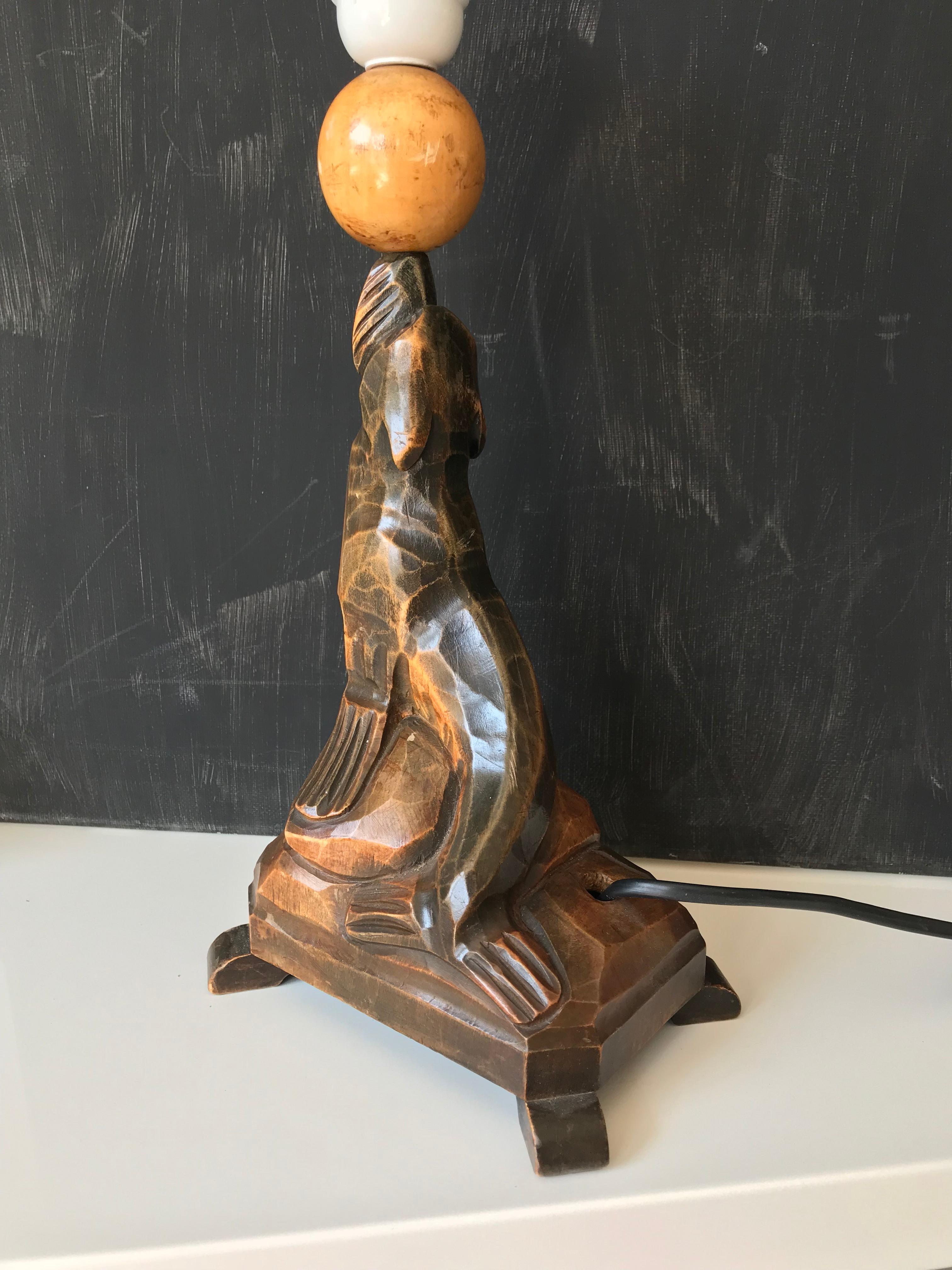 Antique Art Deco Hand Carved Wooden Seal, Sea Lion Table or Desk Lamp For Sale 3