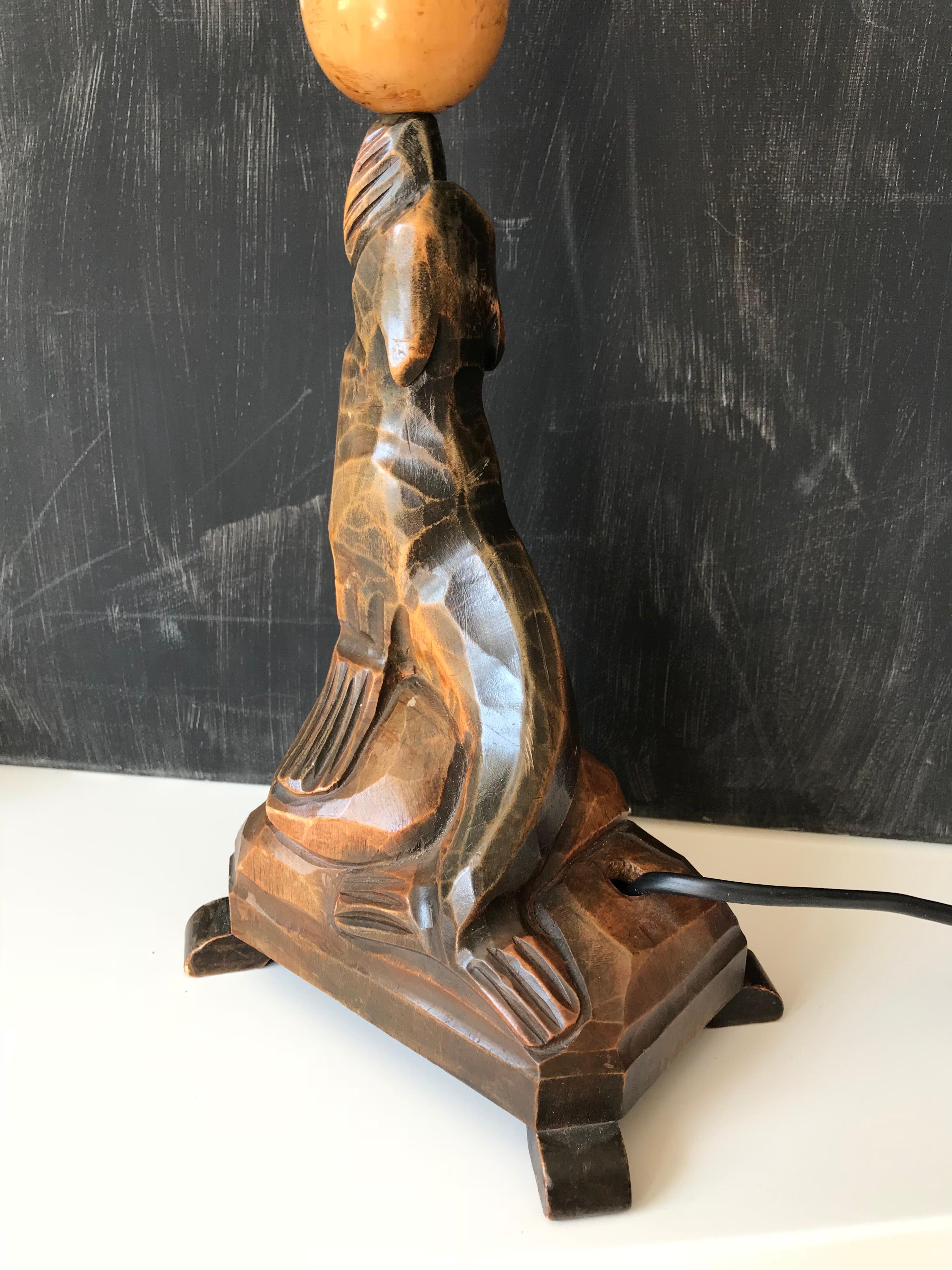 Antique Art Deco Hand Carved Wooden Seal, Sea Lion Table or Desk Lamp For Sale 5