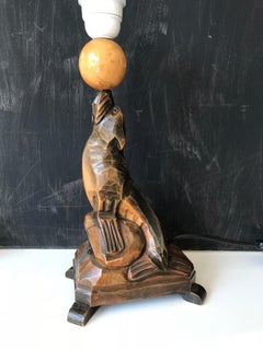 Antique Art Deco Hand Carved Wooden Seal, Sea Lion Table or Desk Lamp