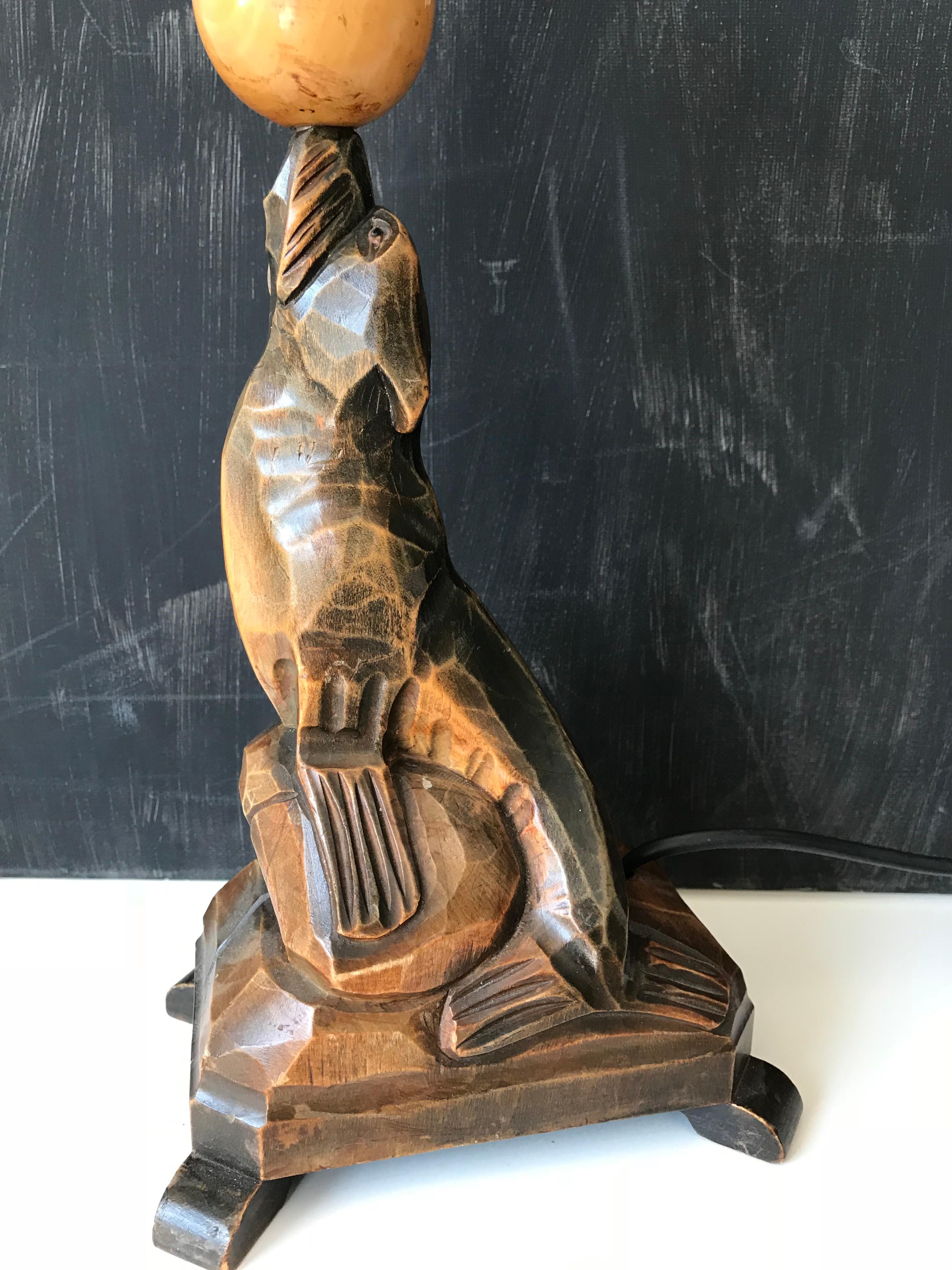 European Antique Art Deco Hand Carved Wooden Seal, Sea Lion Table or Desk Lamp For Sale