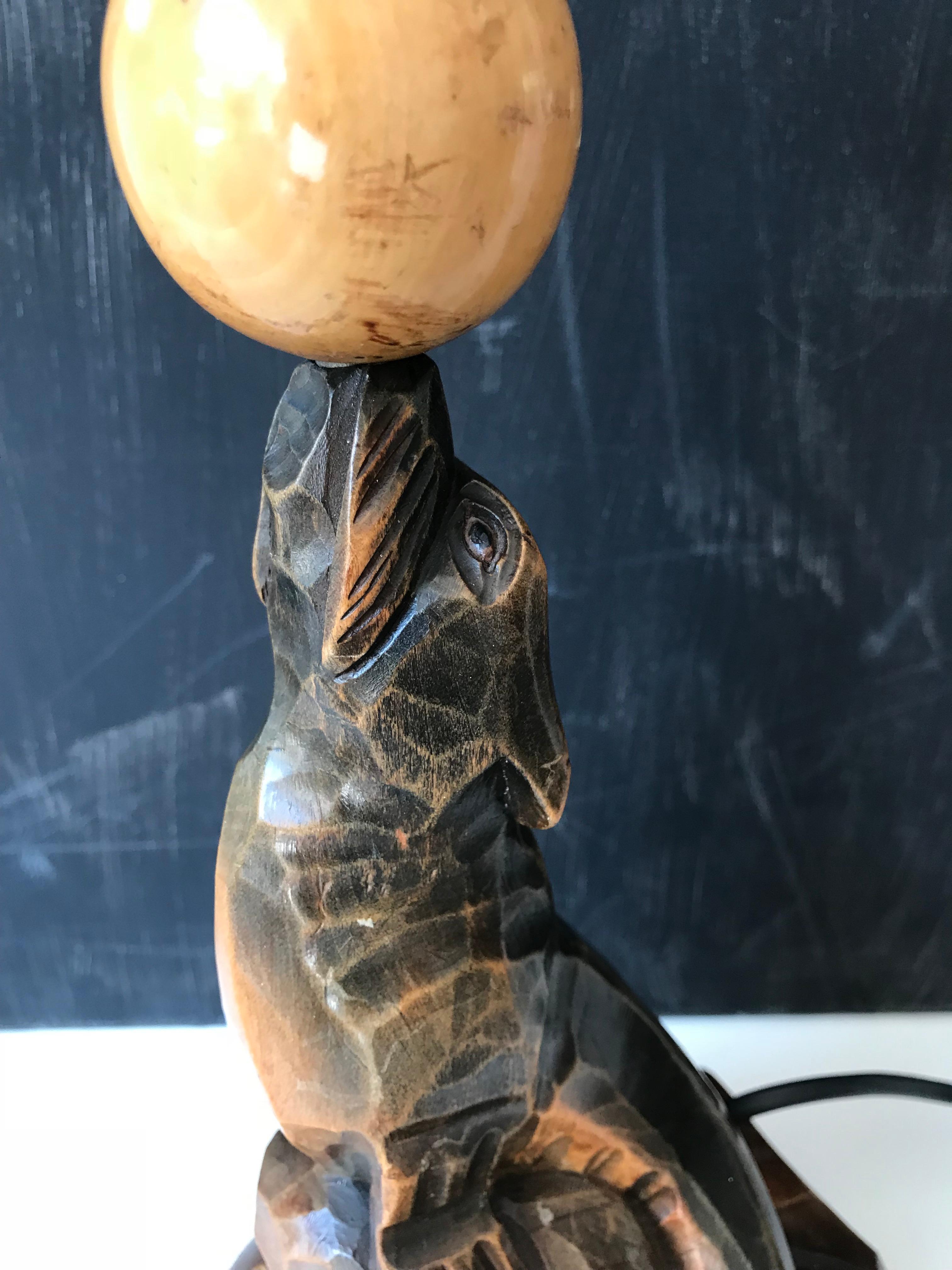 Antique Art Deco Hand Carved Wooden Seal, Sea Lion Table or Desk Lamp For Sale 1