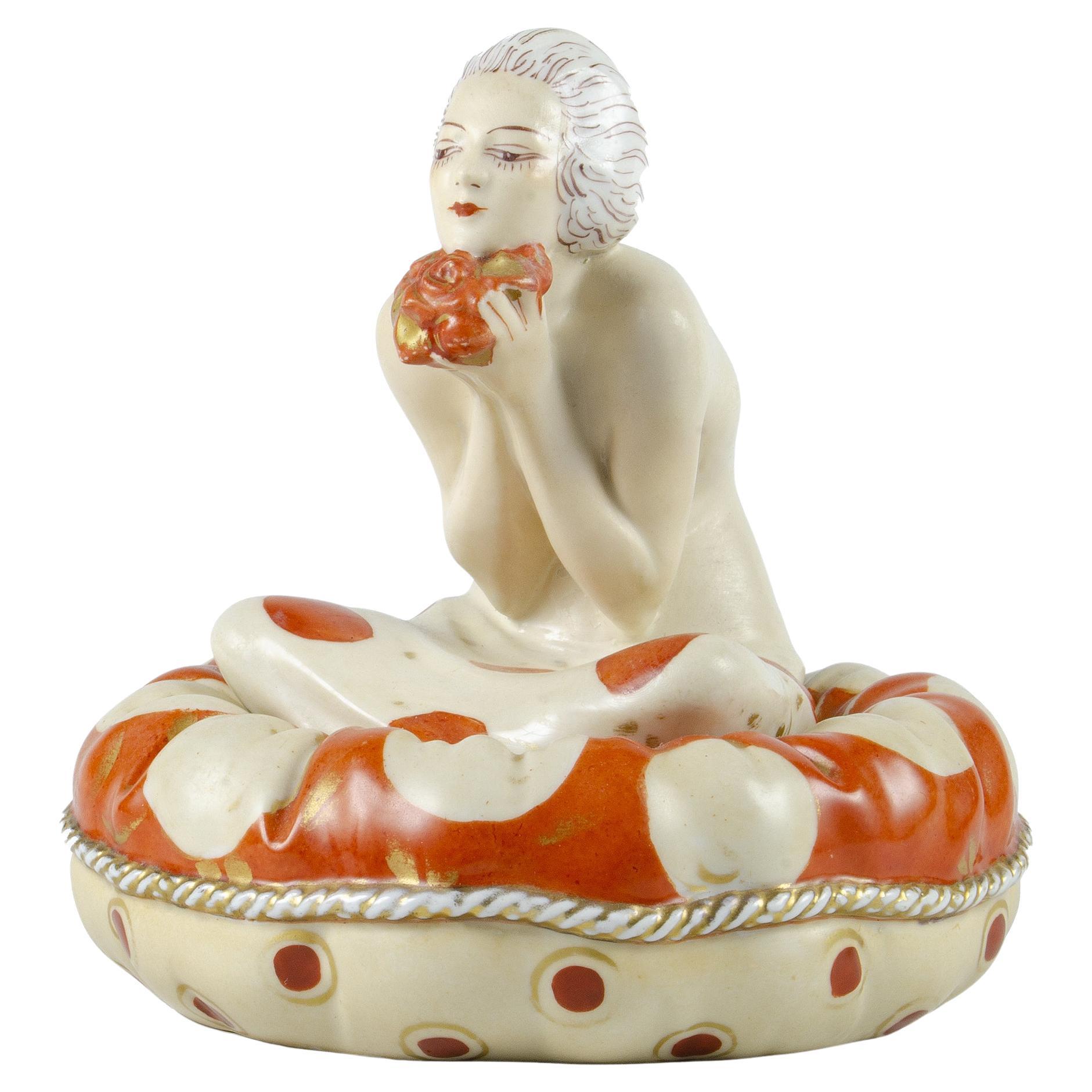 Polvera de cerámica Art Déco de principios del siglo XX pintada a mano por Aladin, Francia en venta