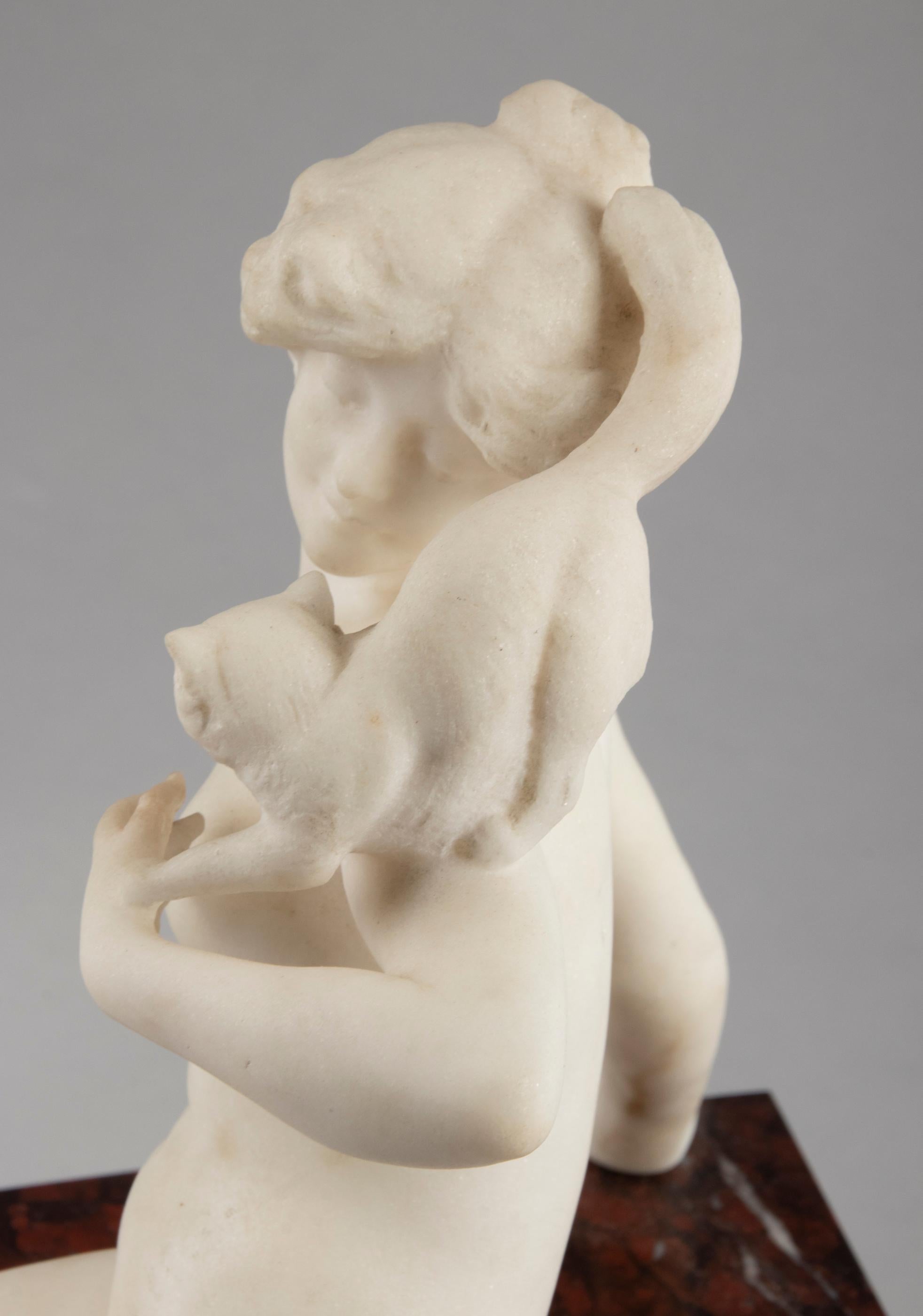 Early 20th Century Art Deco Marble Sculpture Woman with Cat by Paul Philippe 6