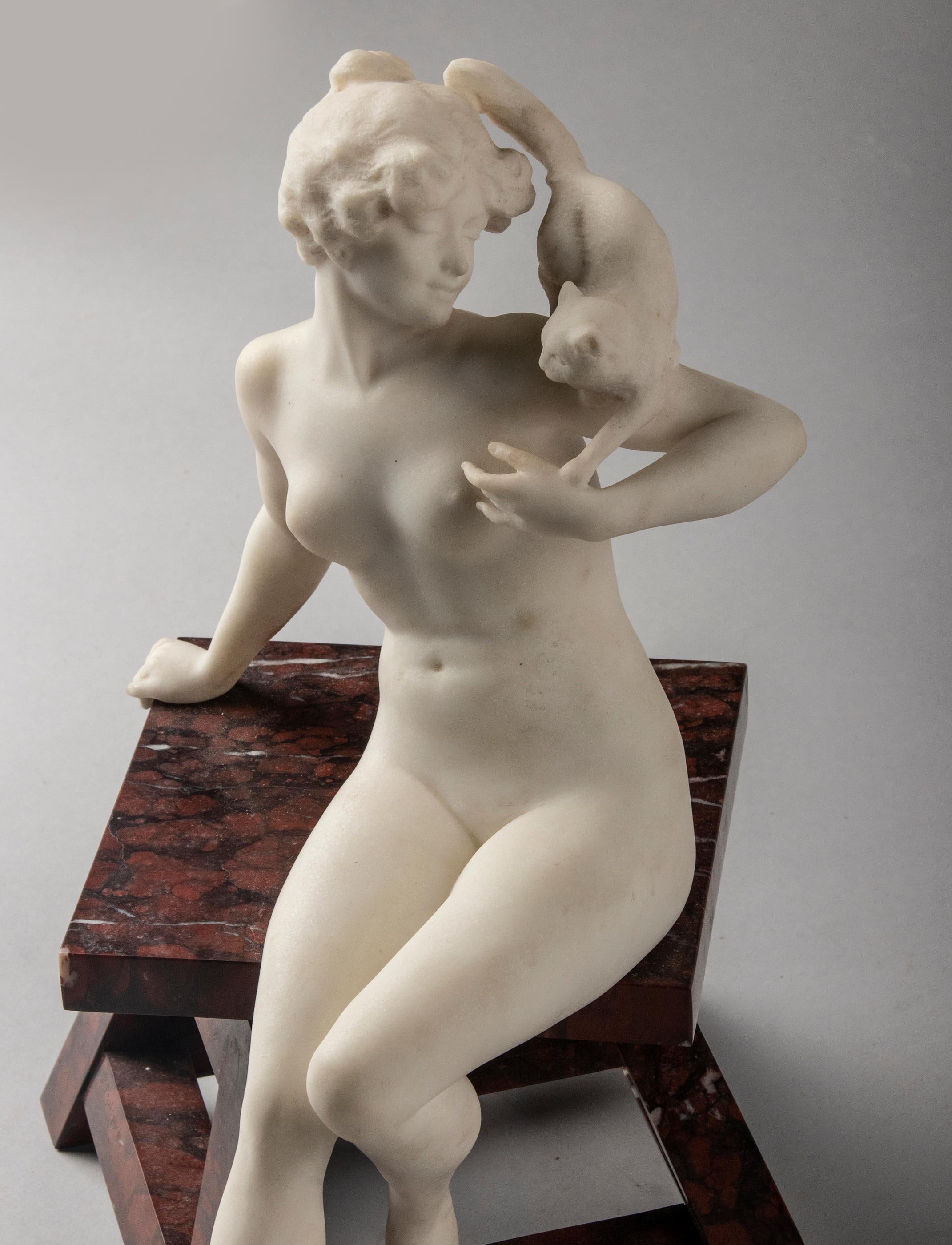 Early 20th Century Art Deco Marble Sculpture Woman with Cat by Paul Philippe 9