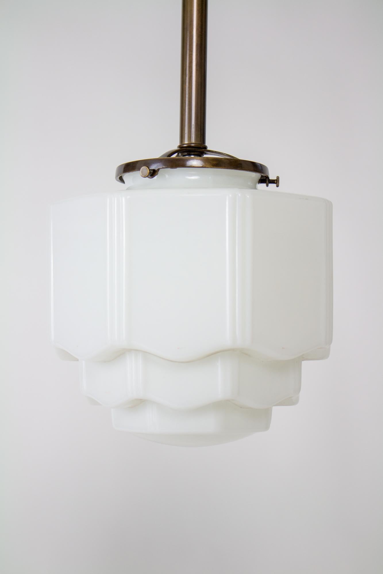 American Early 20th Century Art Deco Milk Glass Pole Pendant For Sale