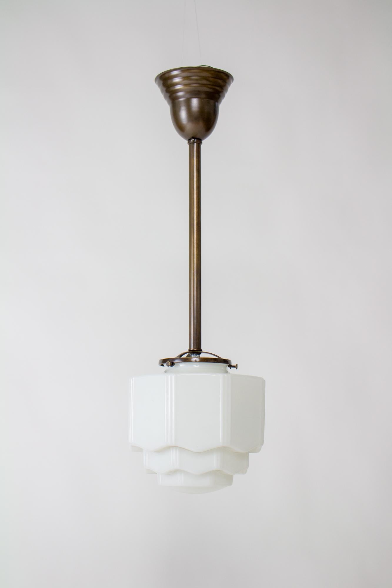 Brass Early 20th Century Art Deco Milk Glass Pole Pendant For Sale