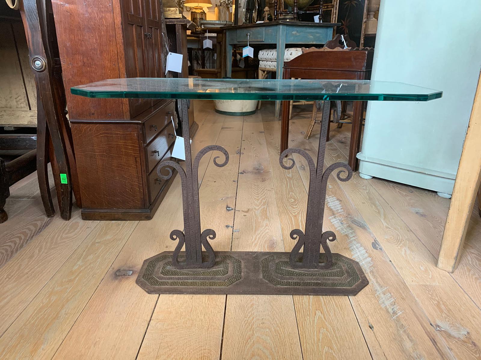 Early 20th century Art Deco mixed metal drinks table with glass top.