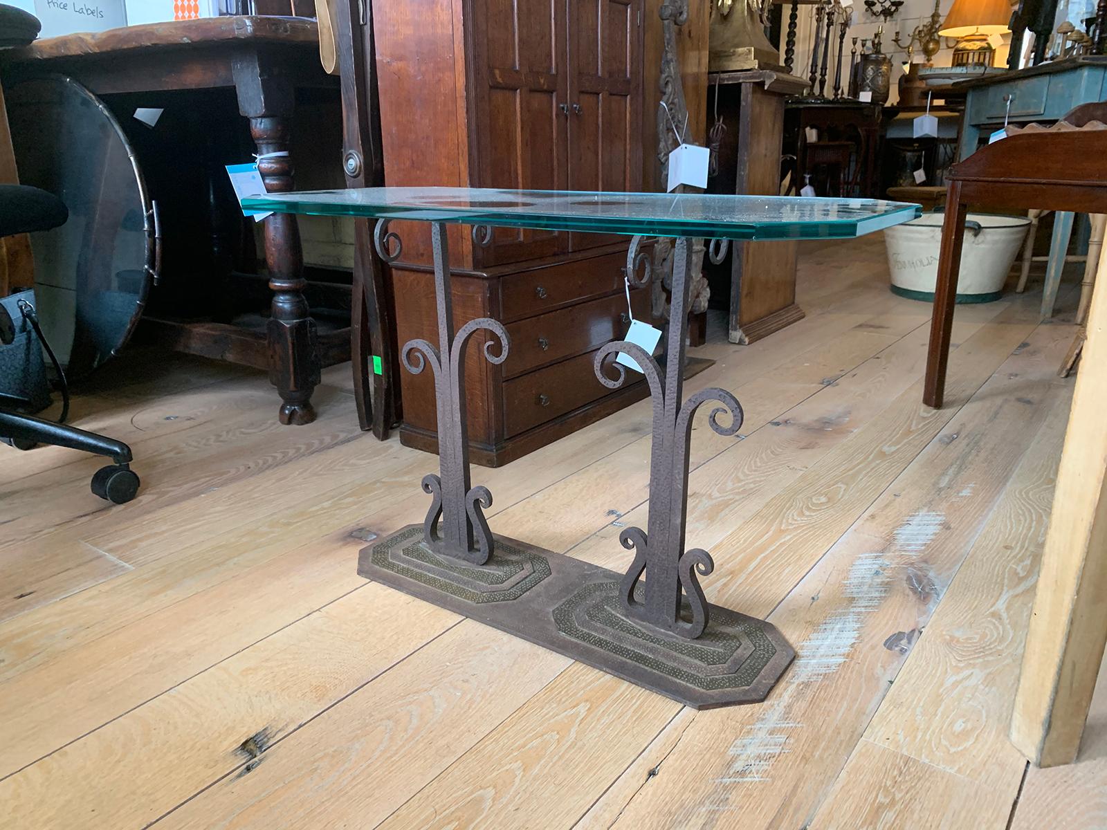 Early 20th Century Art Deco Mixed Metal Drinks Table with Glass Top In Good Condition For Sale In Atlanta, GA