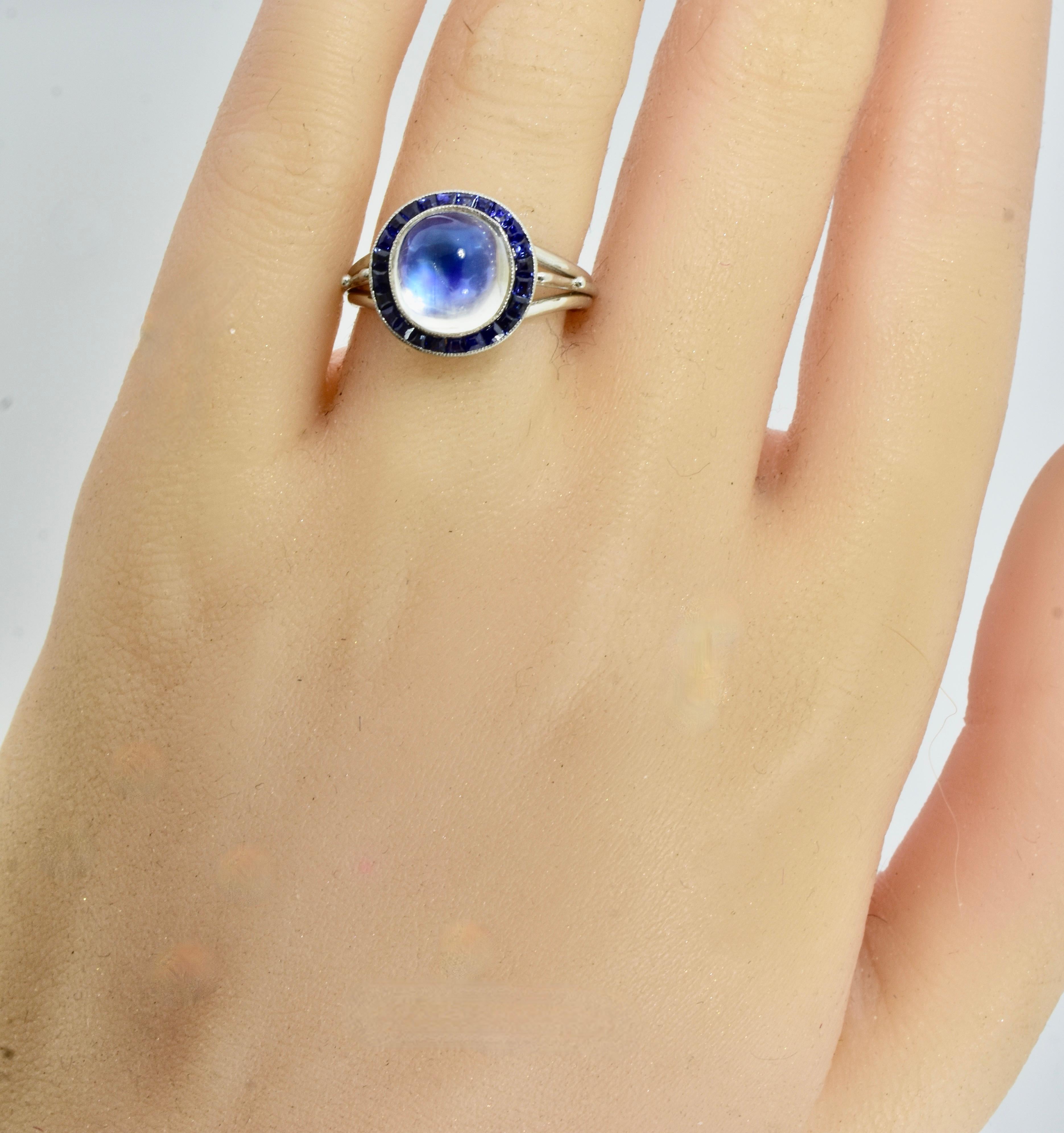 Early 20th Century, Art Deco Natural Moonstone & Sapphire Platinum Ring, c. 1925 In Excellent Condition In Aspen, CO