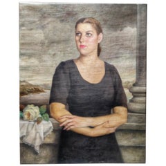 Antique Early 20th Century Art Deco Oil on Canvas Portrait Virgin Bride Signed