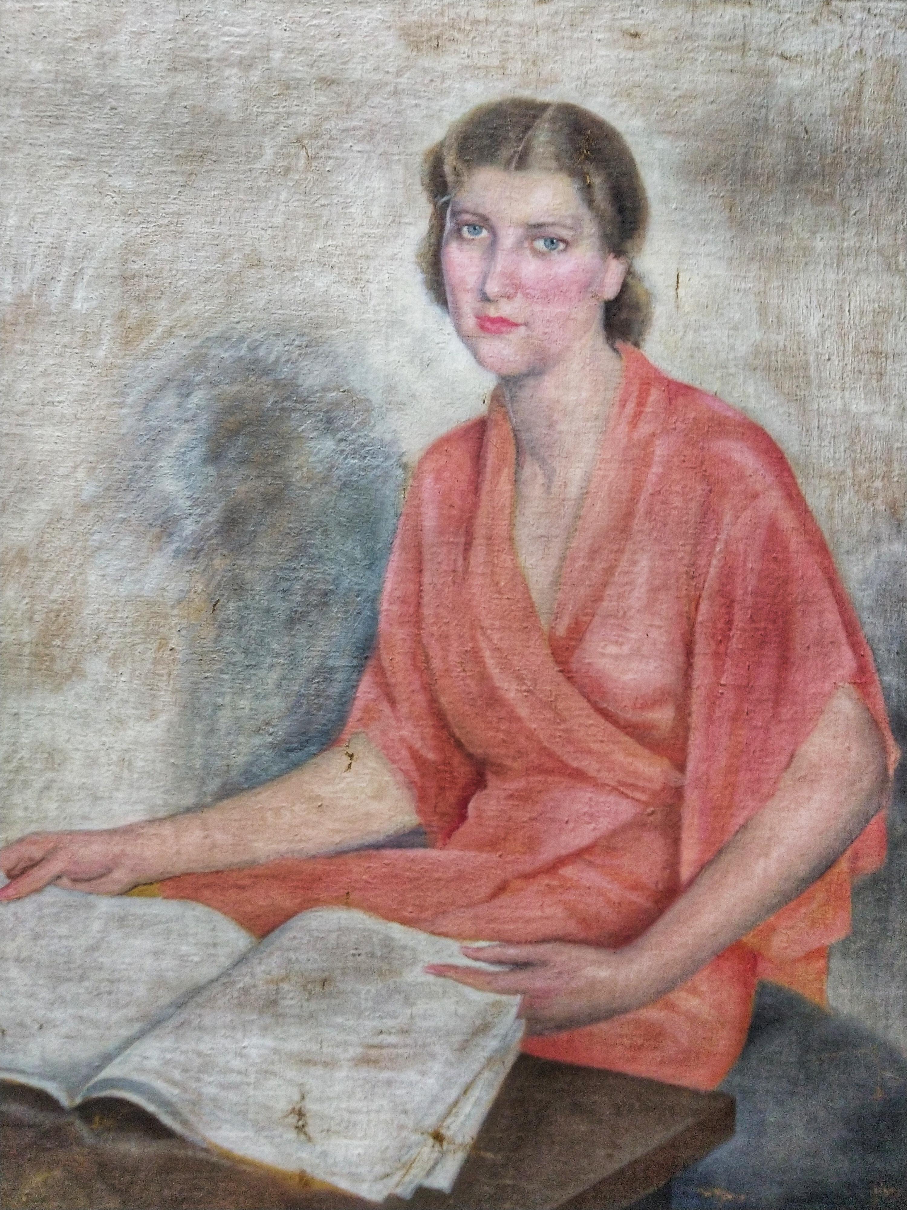 Early 20th Century Art Deco Oil on Canvas Young Woman Reading For Sale 2