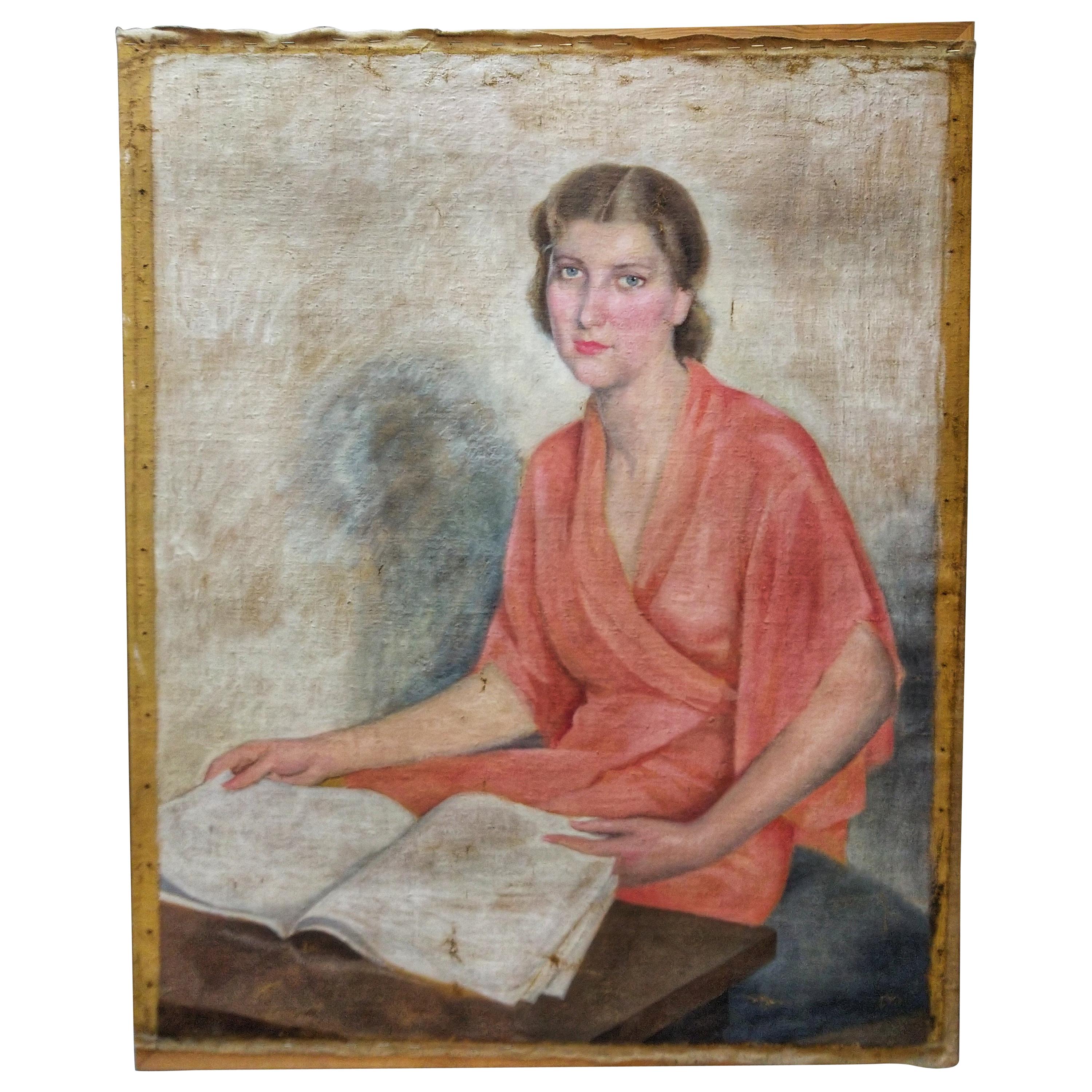 Early 20th Century Art Deco Oil on Canvas Young Woman Reading For Sale