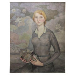 Early 20th Century Art Deco Oil on Canvas Young Woman Signed