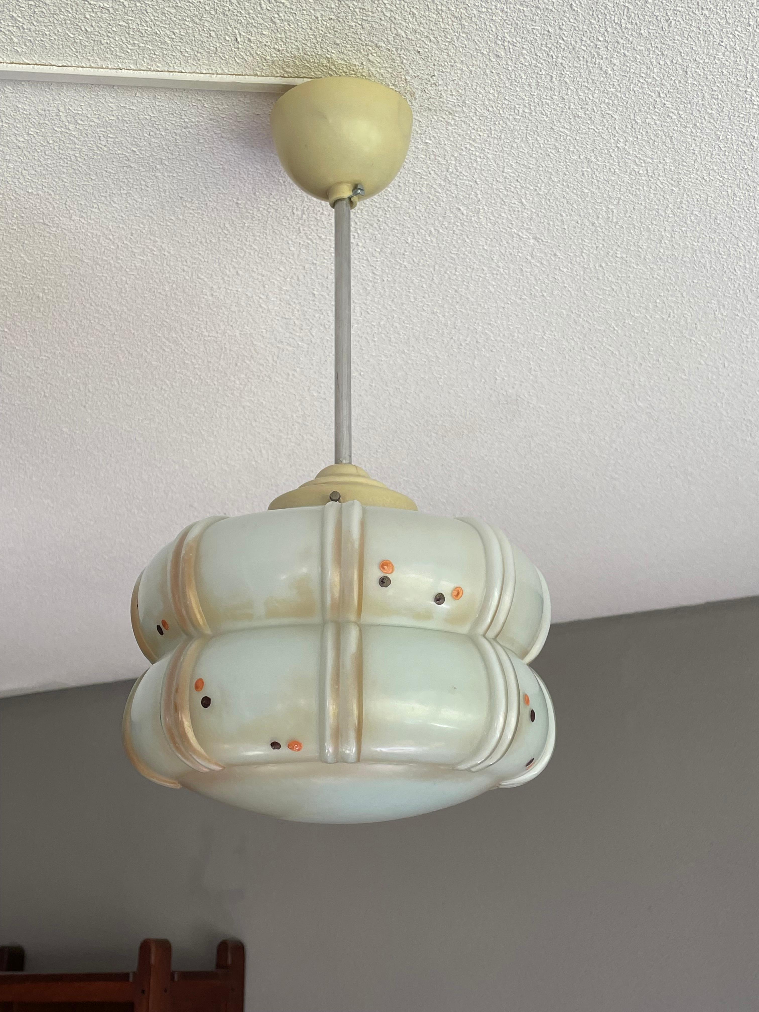 Early 20th Century Art Deco Painted Glass & White Bakelite Pendant / Flush Mount 9