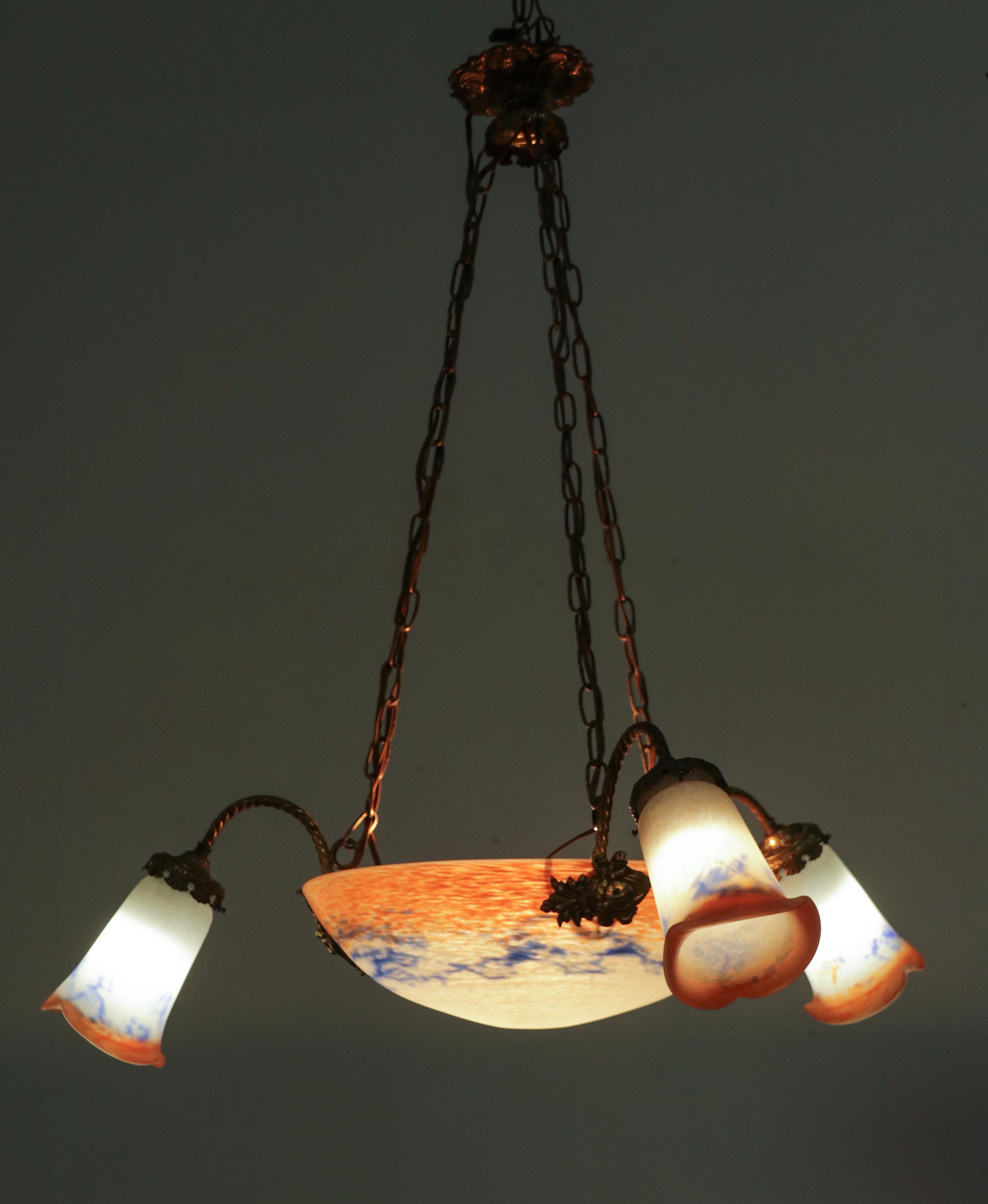 Early 20th Century Art Deco Paste Glass Pendant Chandelier by Noverdy For Sale 3