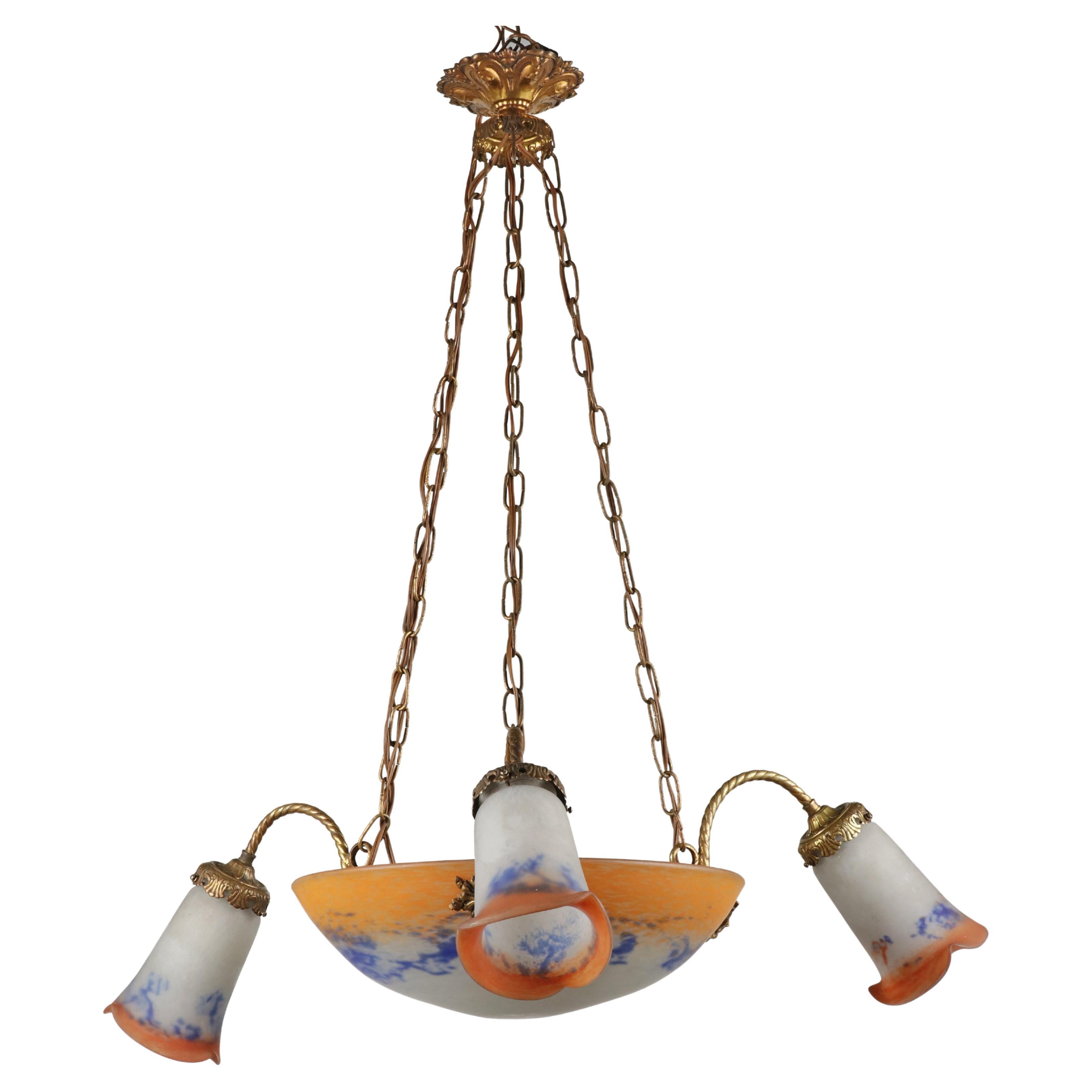 Early 20th Century Art Deco Paste Glass Pendant Chandelier by Noverdy For Sale