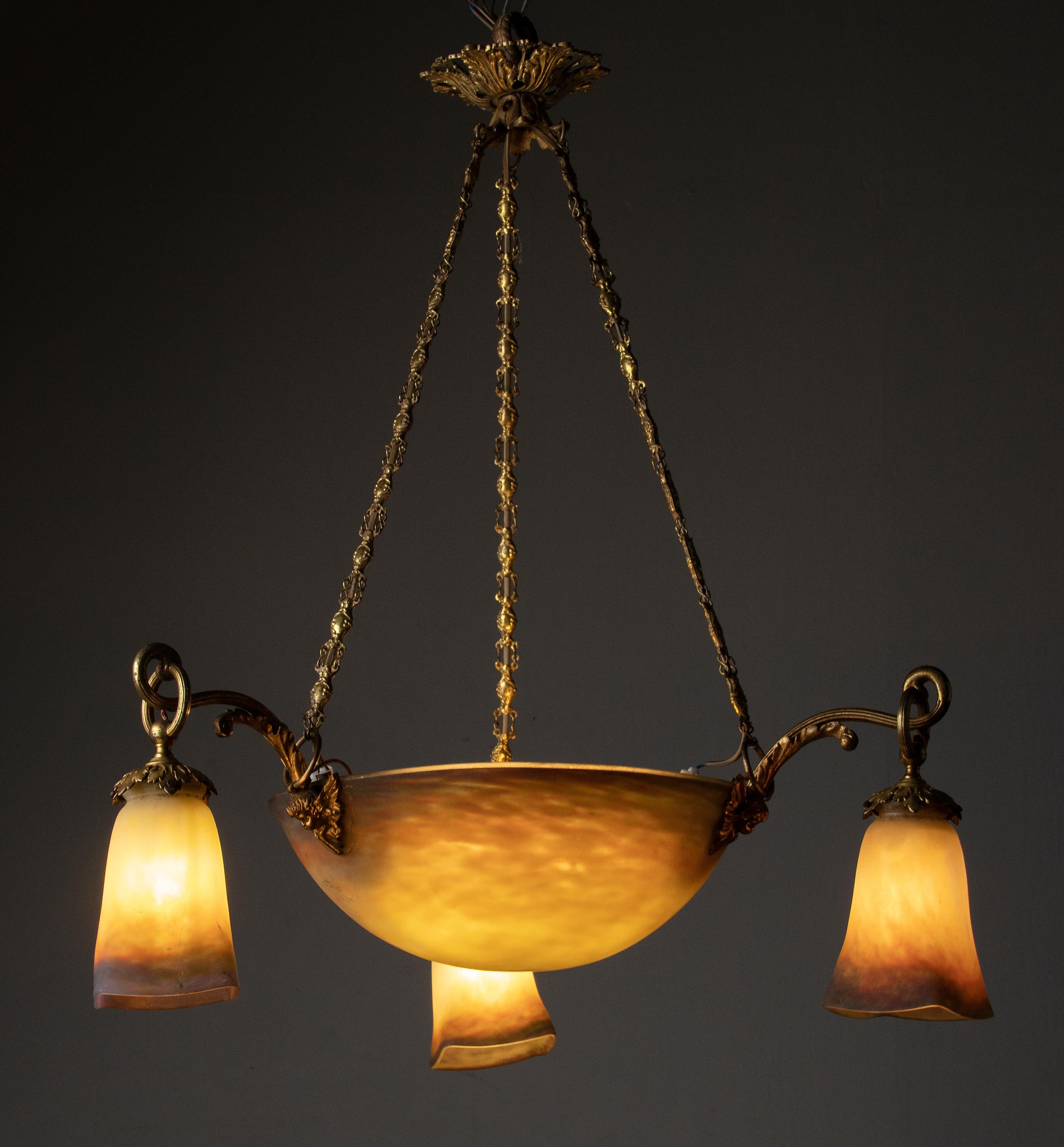 French Early 20th Century Art Deco 'Pâte Verre' Pendant lamp Chandelier Muller Frères