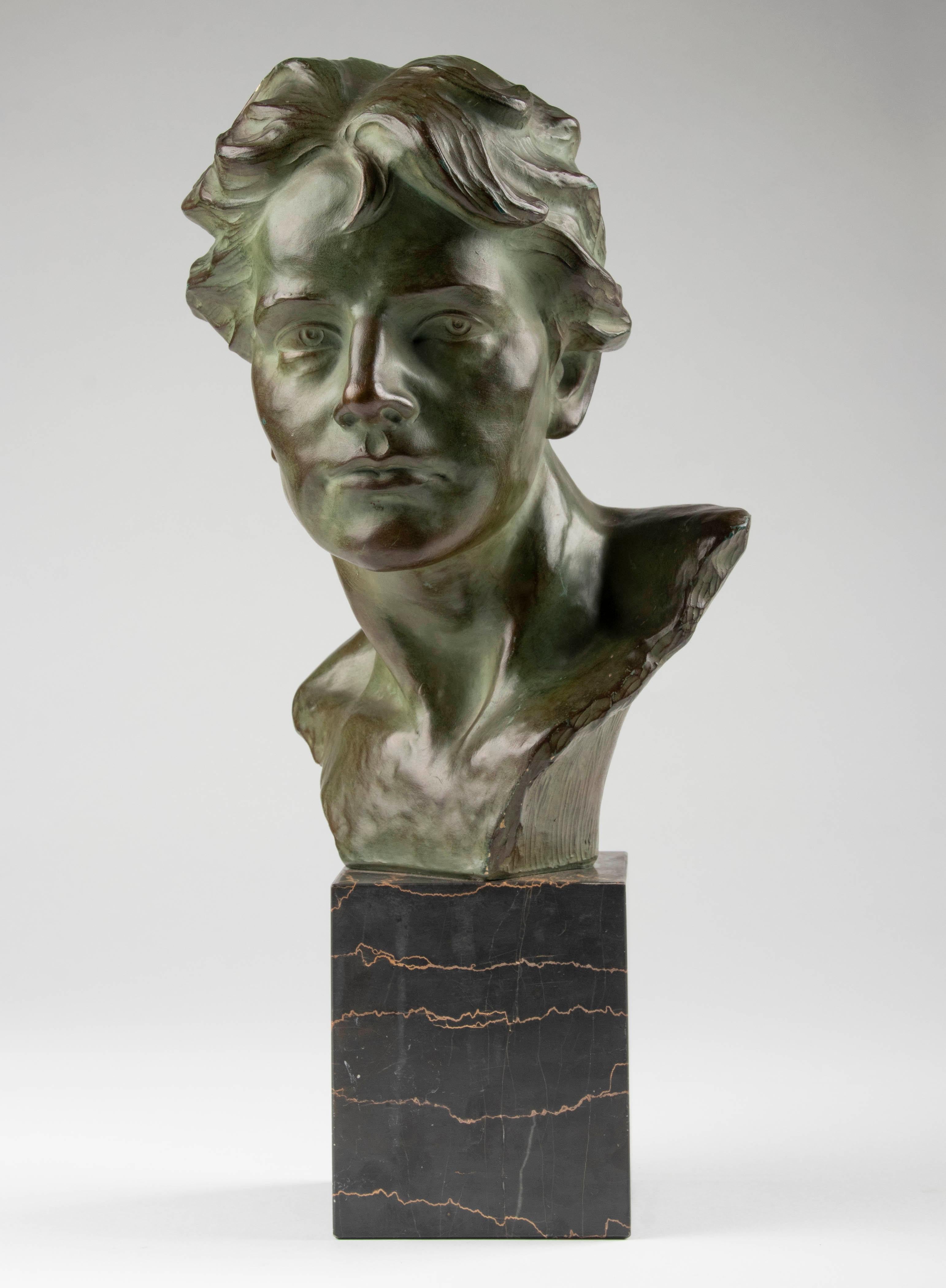 Early 20th Century Art Deco Patinated Terracotta Bust Man Bust by Dommisse In Good Condition In Casteren, Noord-Brabant