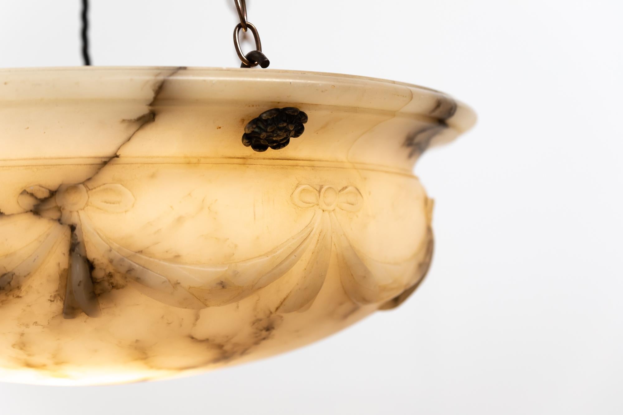 Hand-Carved Early 20th Century Art Deco Period Carved Alabaster Plafonnier Pendant Light