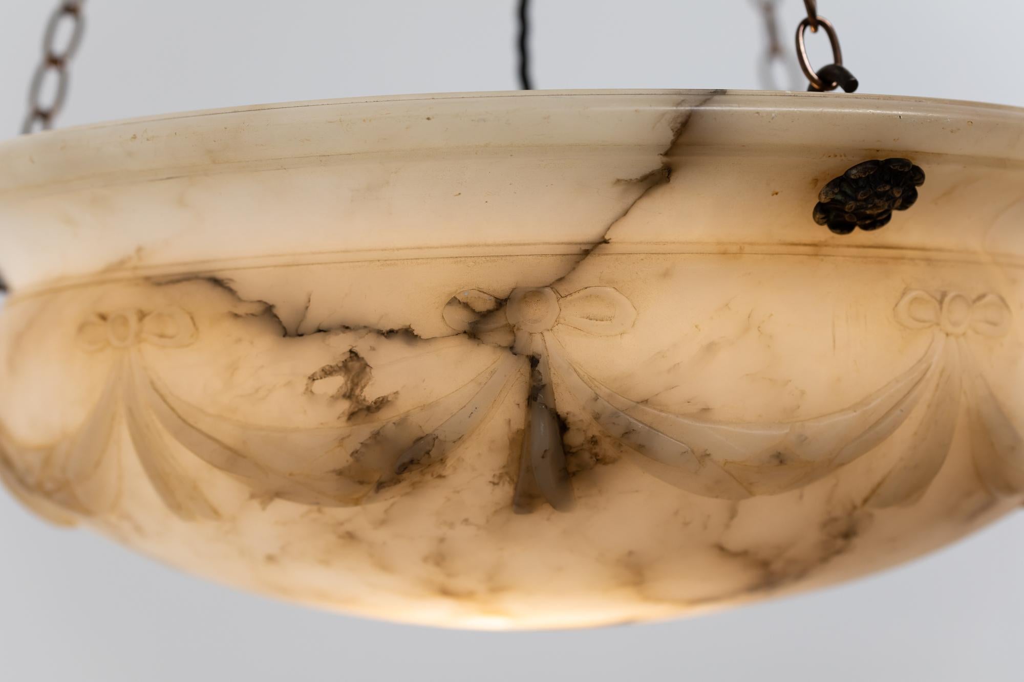 Early 20th Century Art Deco Period Carved Alabaster Plafonnier Pendant Light In Good Condition In Pickering, North Yorkshire