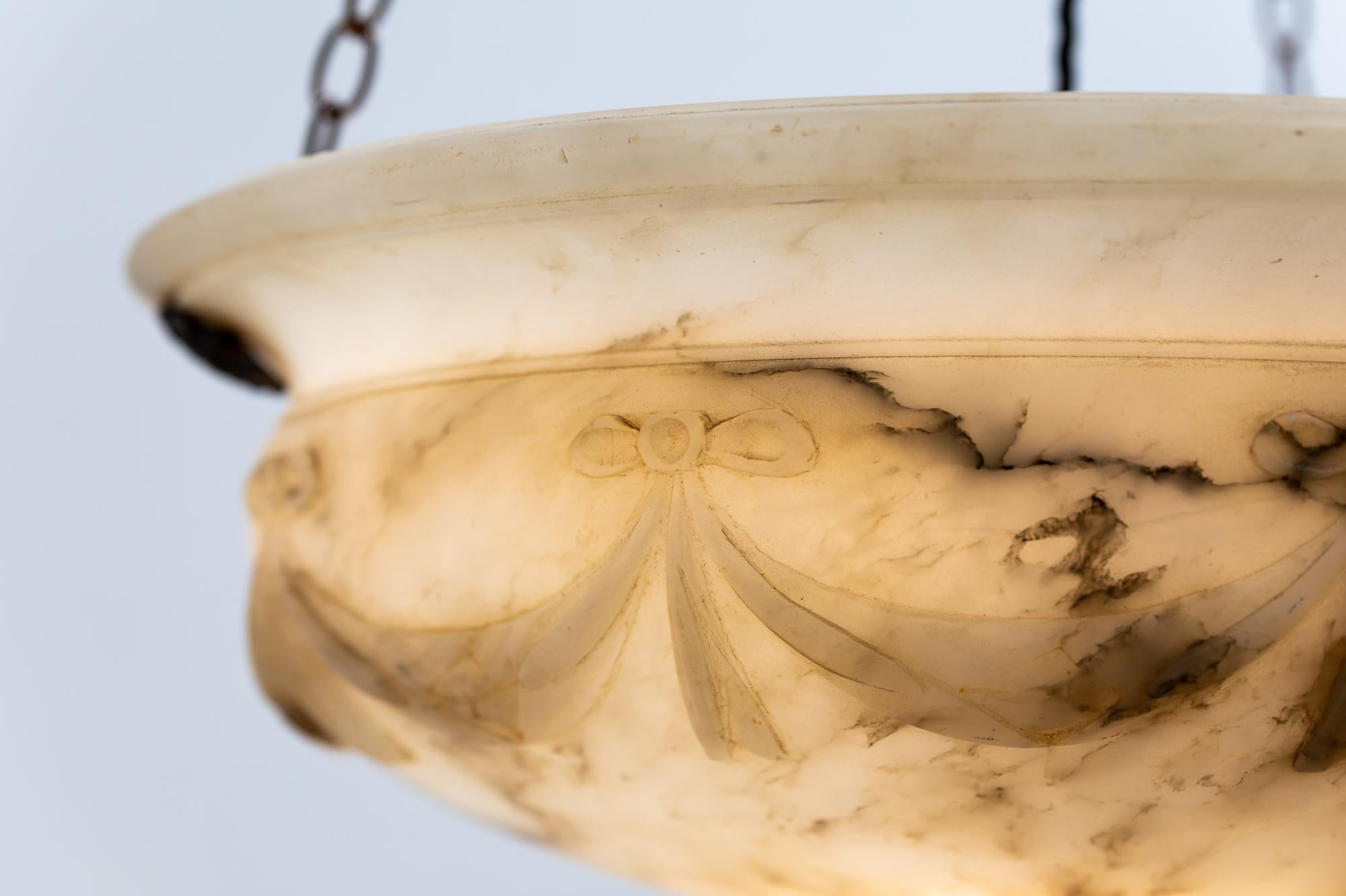 Early 20th Century Art Deco Period Carved Alabaster Plafonnier Pendant Light 1