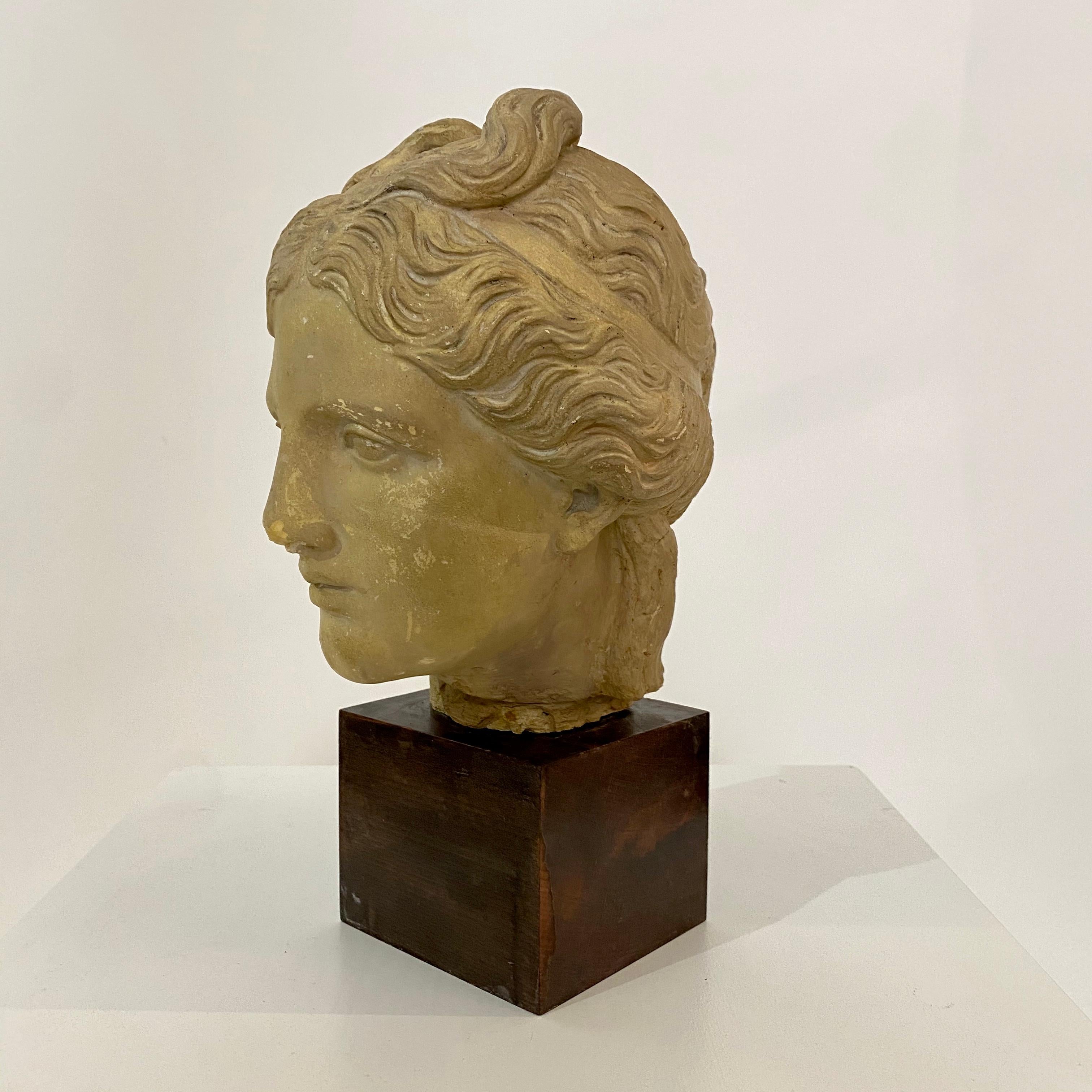 This early 20th century Art Deco plaster bust of a female head 
is on a wooden Stand and was made in the 1930 in Berlin. 
It was mad by the 