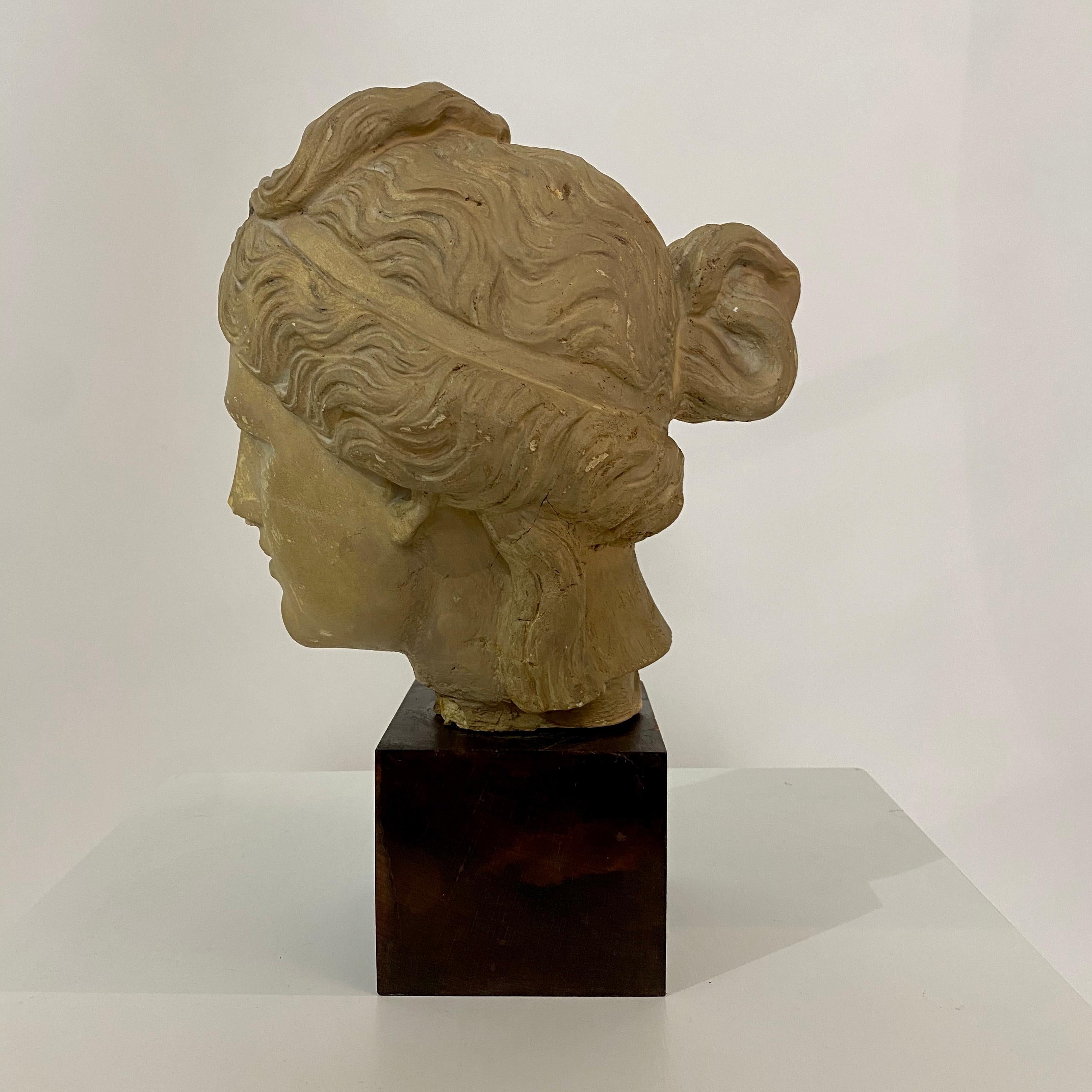 German Early 20th Century Art Deco Plaster Bust of a Female Head on Wooden Stand, 1930