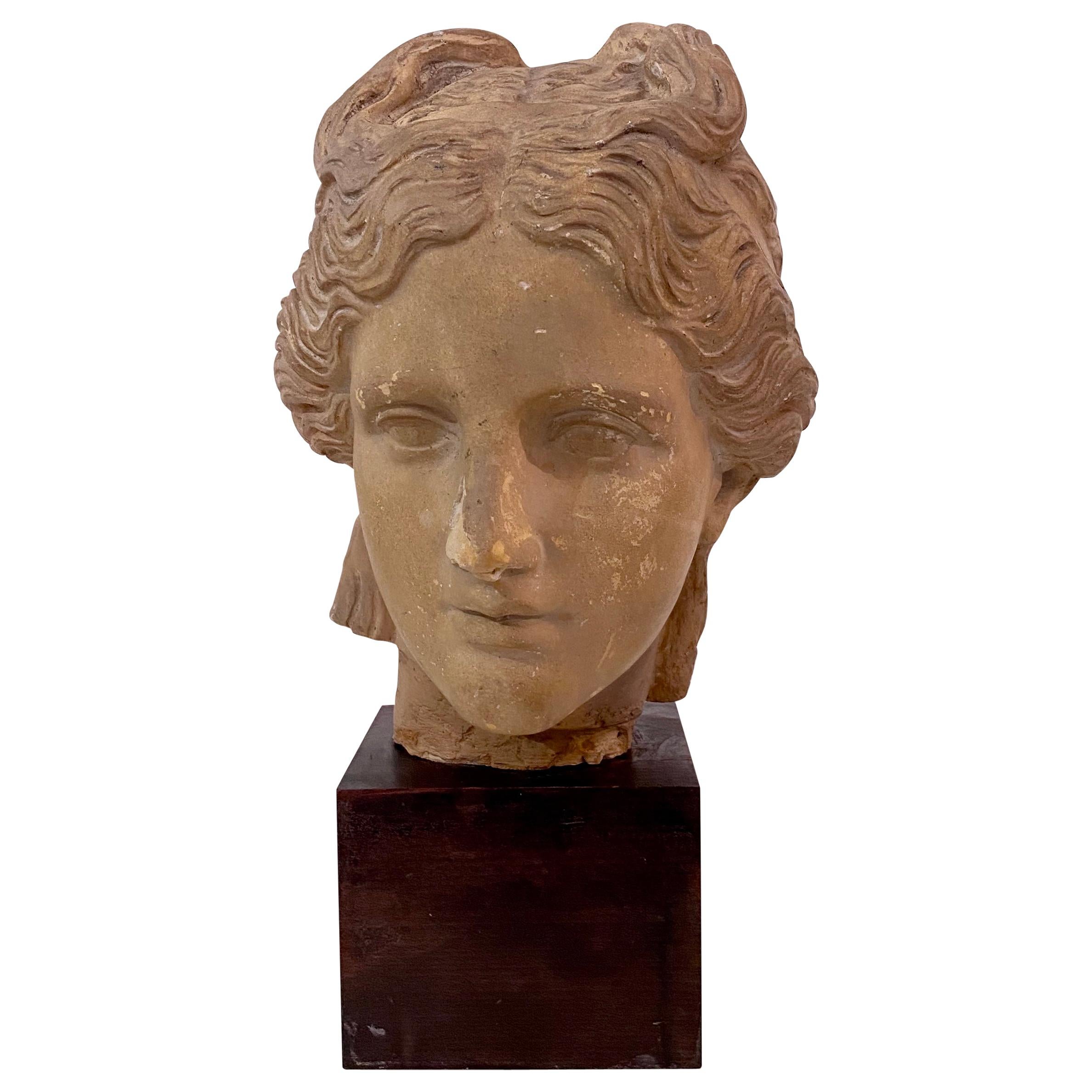 Early 20th Century Art Deco Plaster Bust of a Female Head on Wooden Stand, 1930