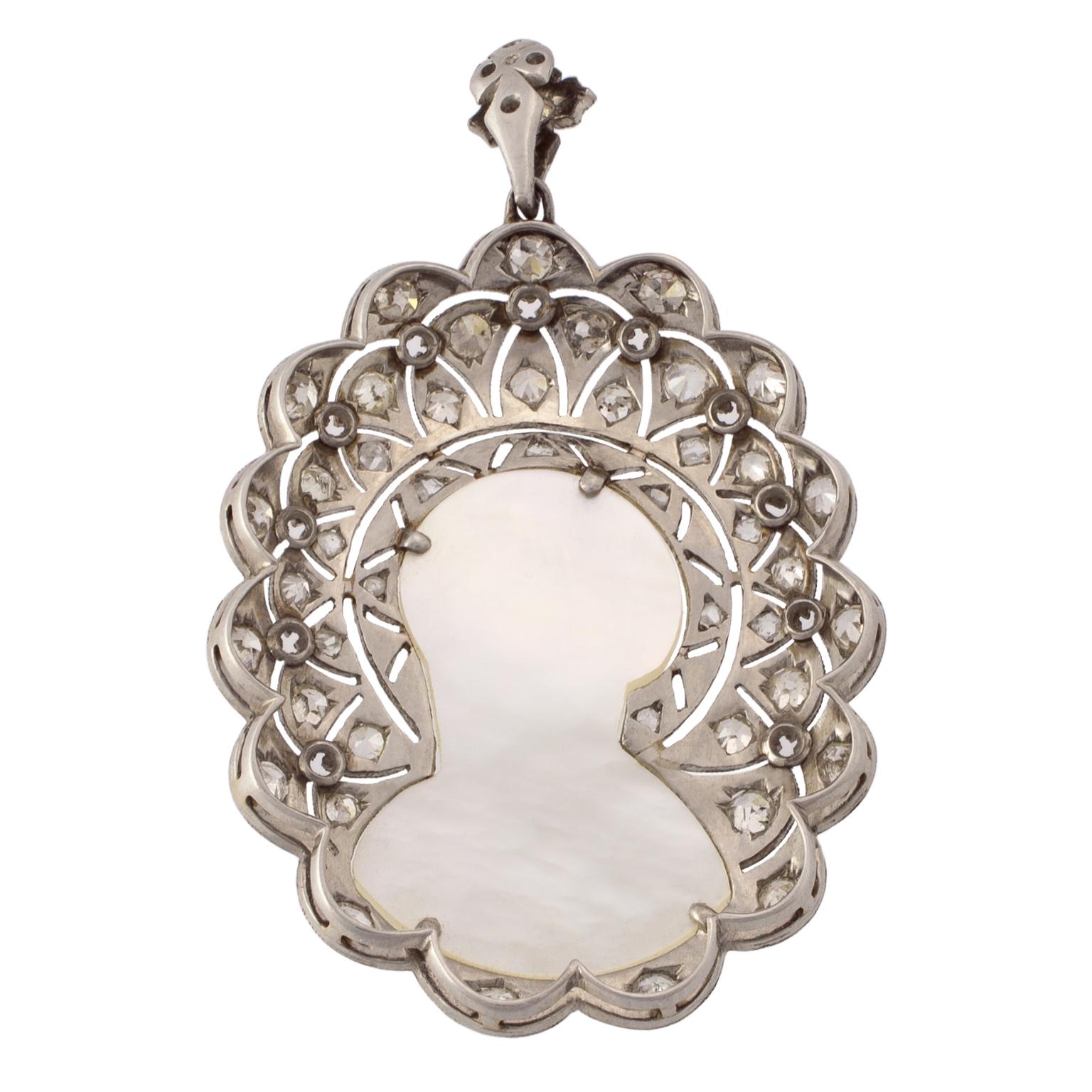 Rose Cut Early 20th Century Art Deco Platinum, Mother-of-Pearl and Diamonds Madonna Penda