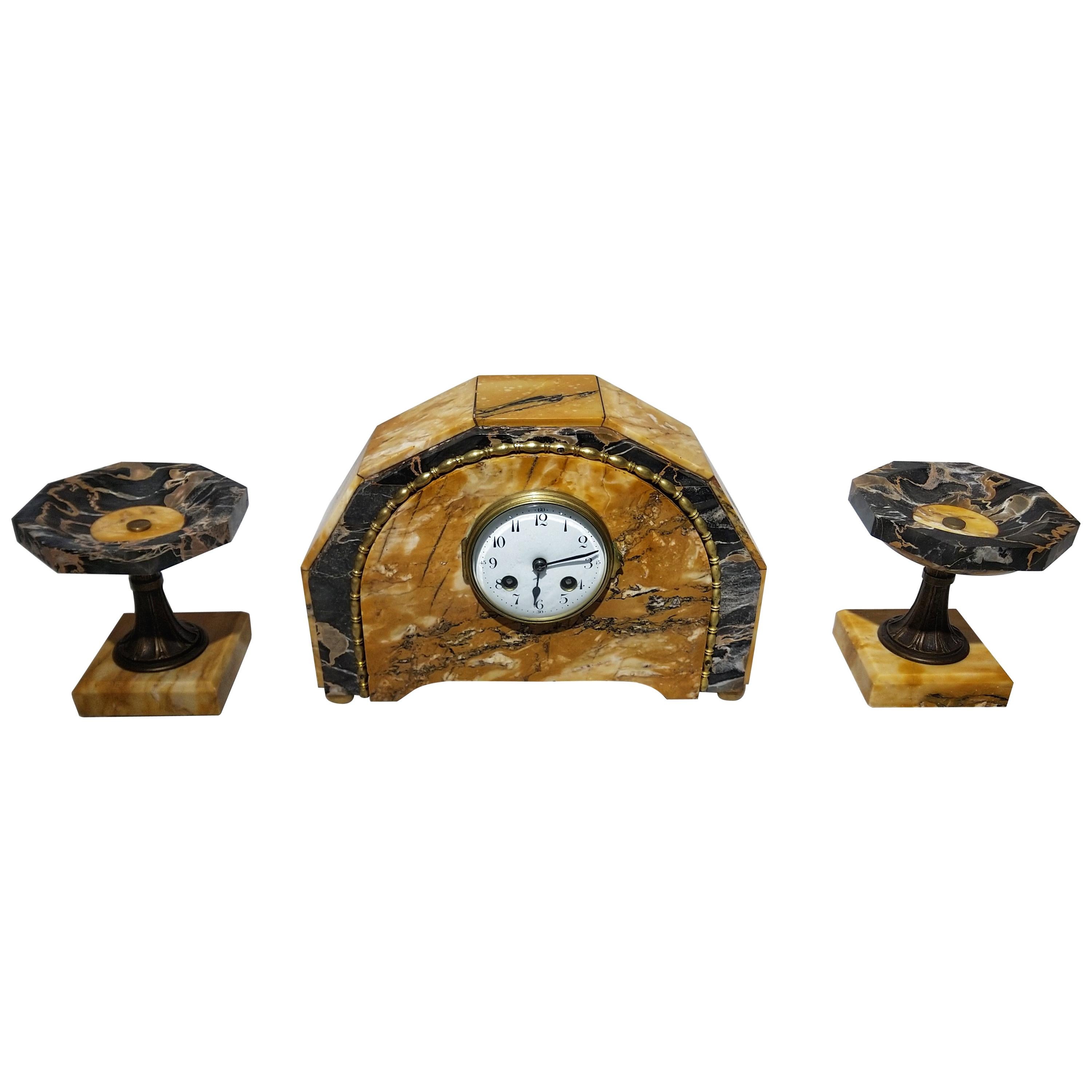 Early 20th Century Art Deco Portoro and Siena Marble Mantel Clock For Sale