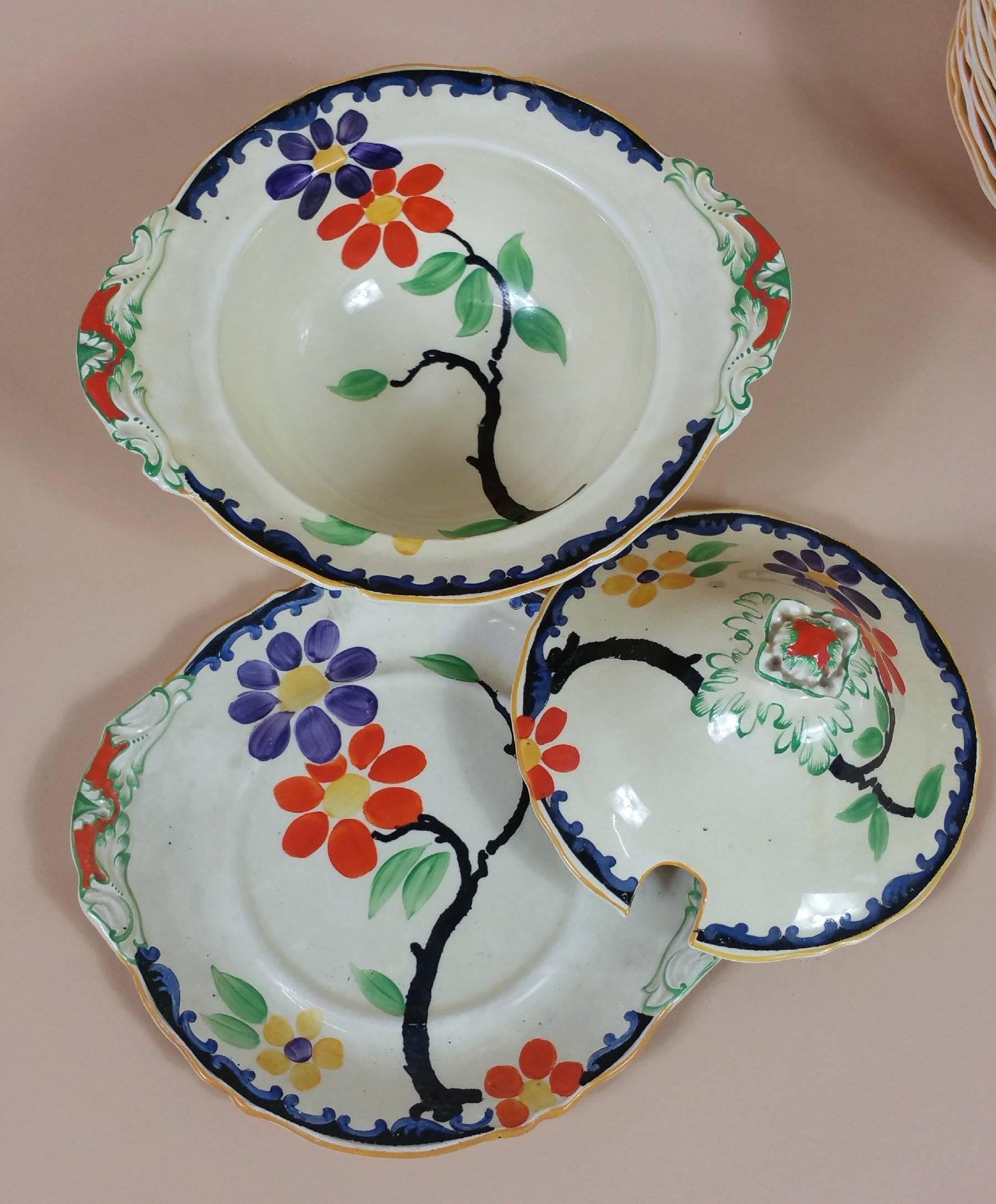 This superb Royal Venton ware dinner service features a striking Art Deco pattern designed by Harold Hold croft, a well-known and highly regarded ceramic artist of the period. The pattern would have been done between 1929 thru 1933, and several of