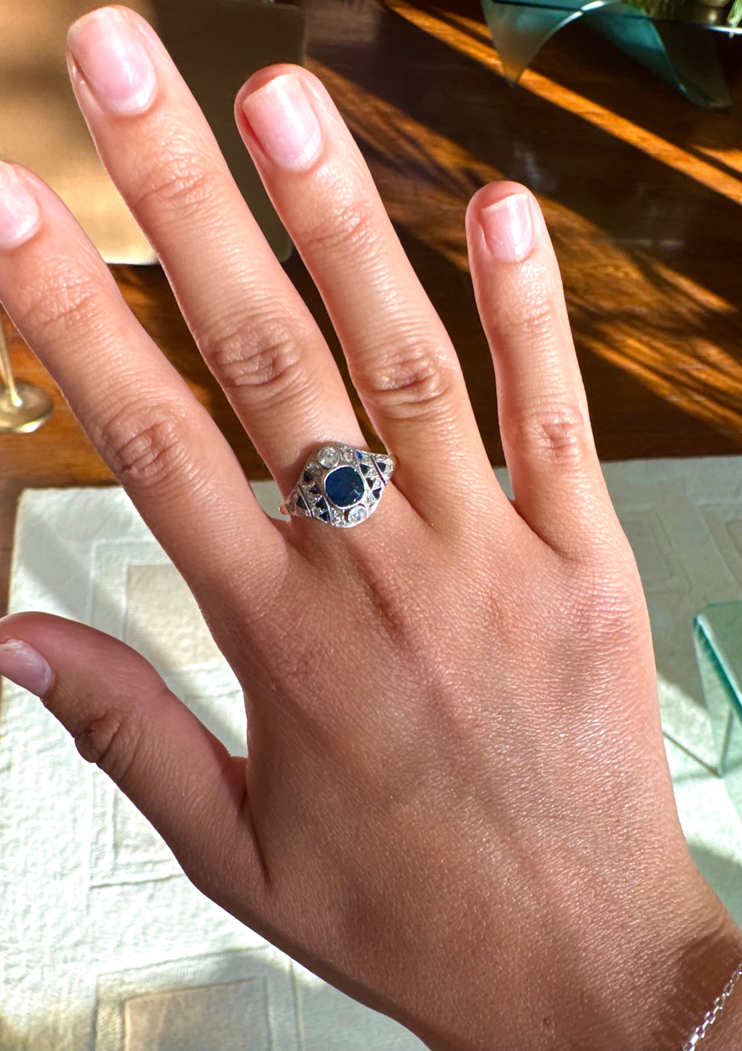 Early 20th Century Art Deco Sapphire & Diamond Ring 18K Gold – French 57 (US 8) For Sale 1