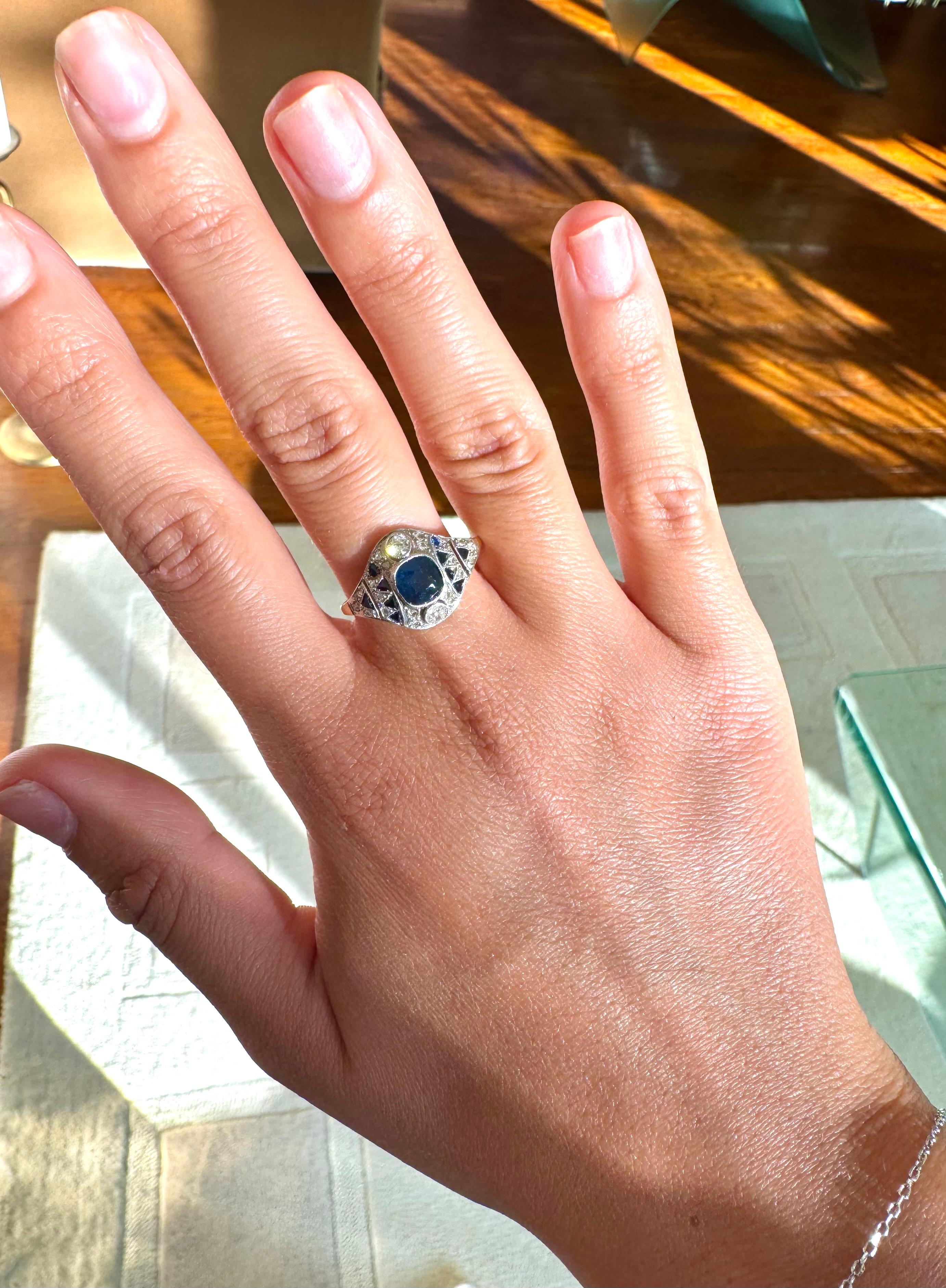 Early 20th Century Art Deco Sapphire & Diamond Ring 18K Gold – French 57 (US 8) For Sale 2