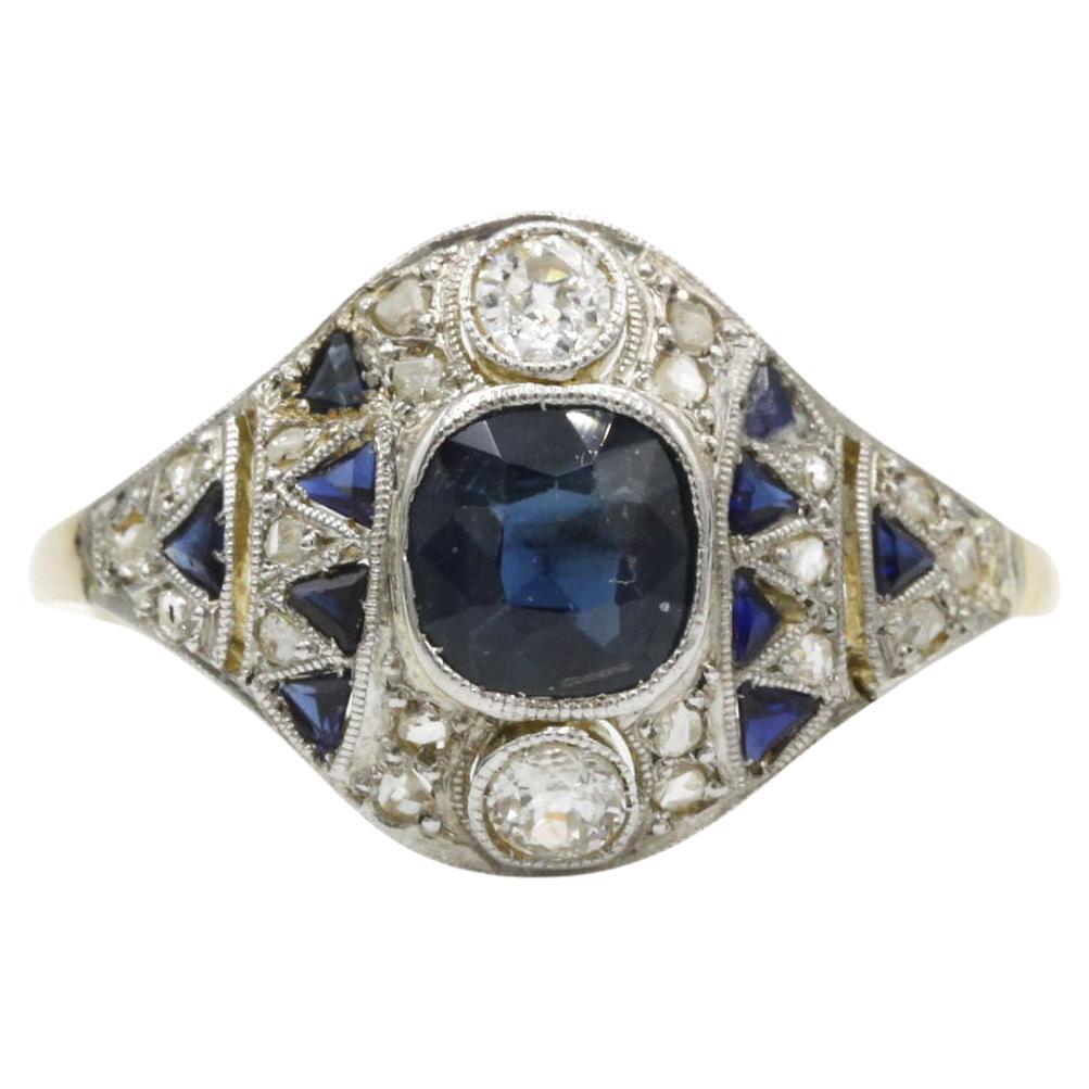 Early 20th Century Art Deco Sapphire & Diamond Ring 18K Gold – French 57 (US 8) For Sale