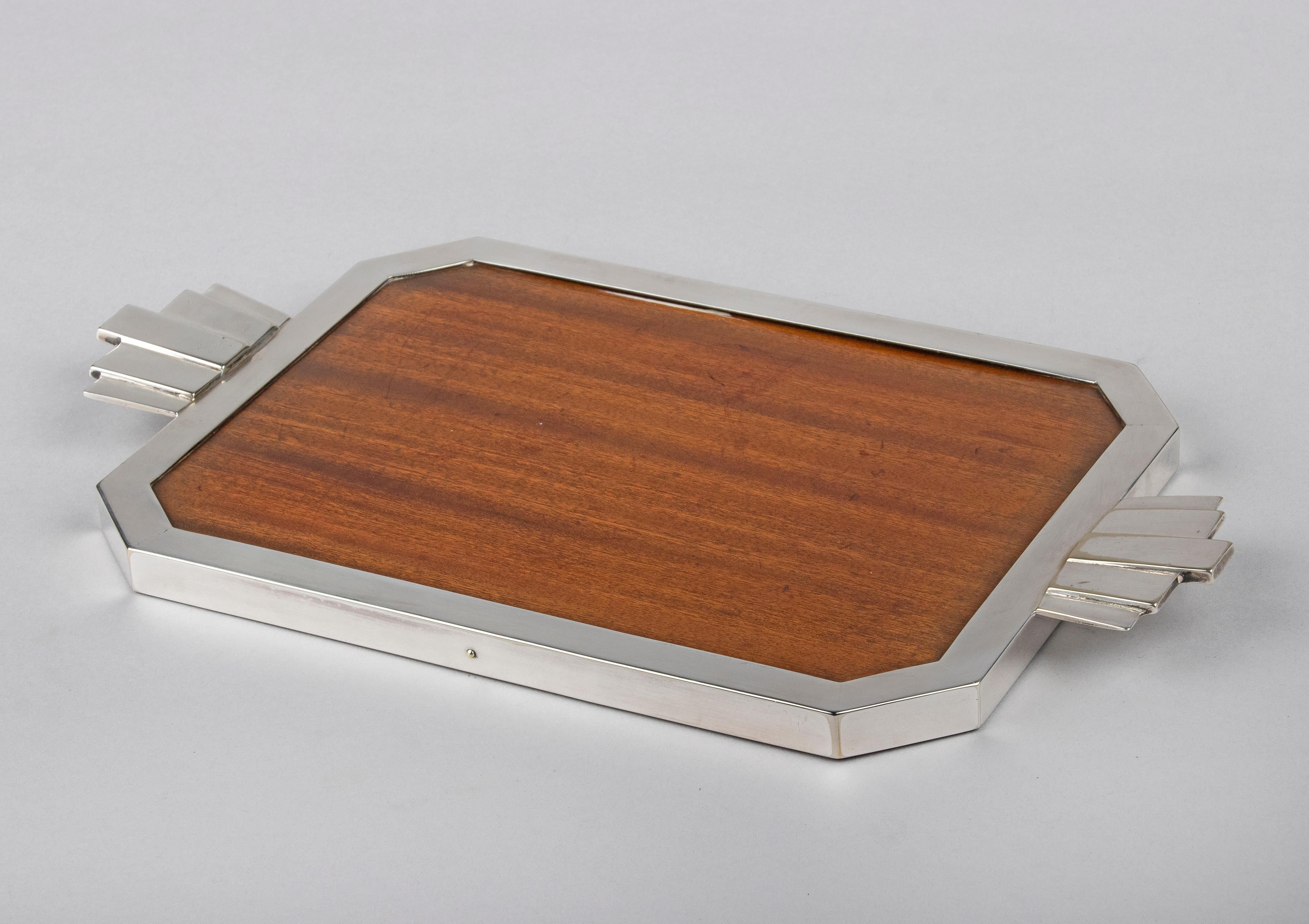 Early 20th Century Art Deco Serving Tray Silver Plated with Wood For Sale 2