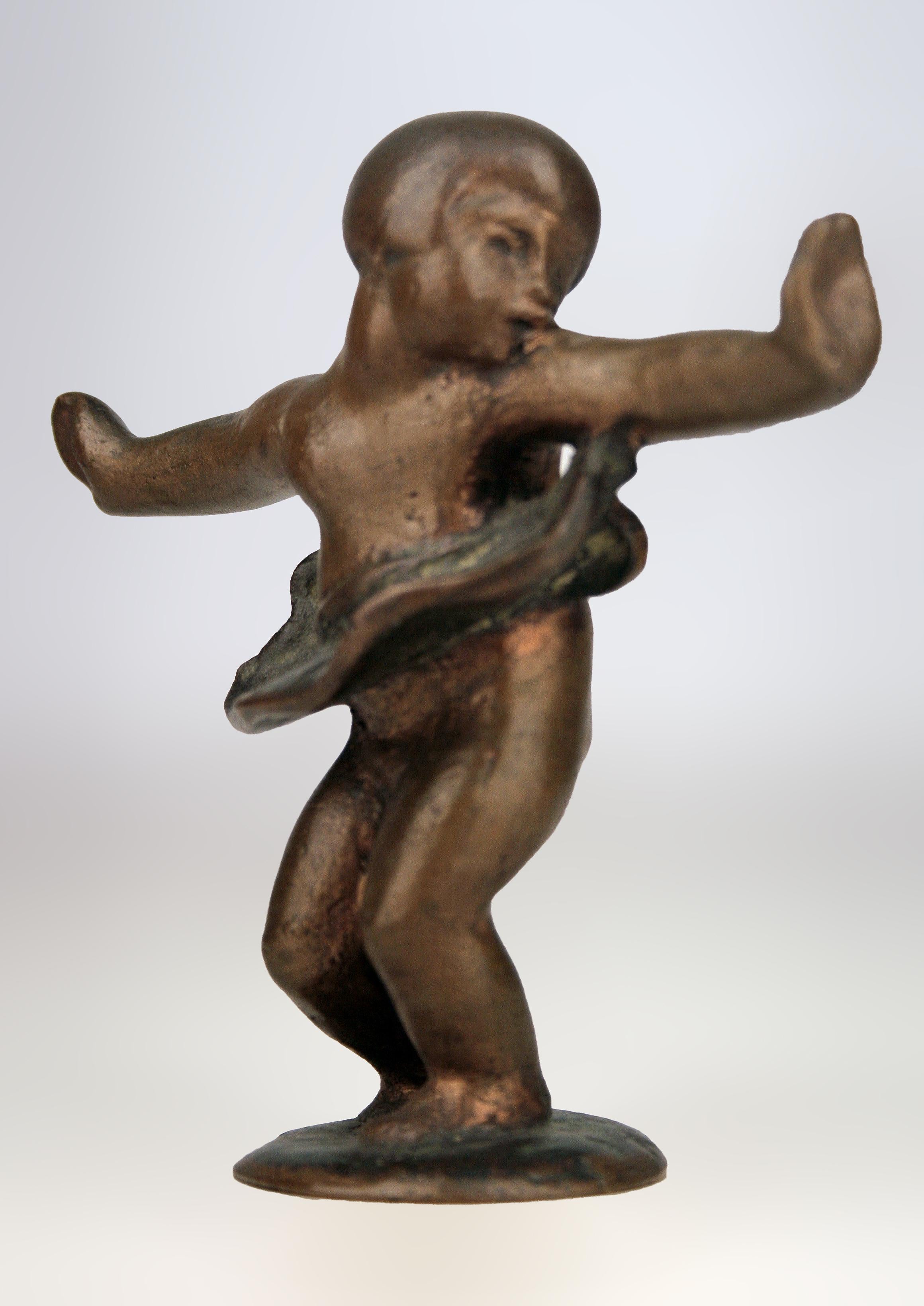 Cast Early 20th Century Art Déco Small Bronze Sculpture of Girl with Skirt Dancing For Sale