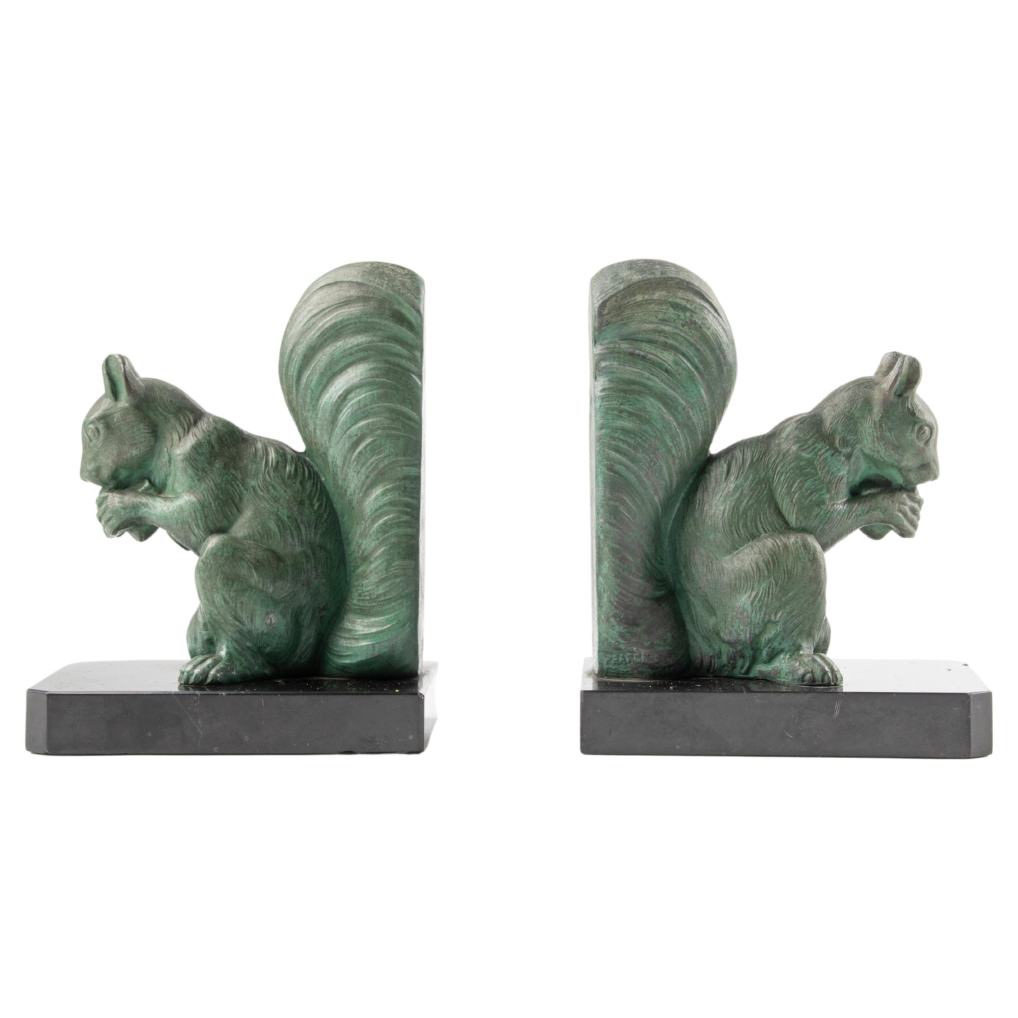 Early 20th Century Art Deco Spelter Bookends with Squirrels