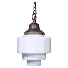 Early 20th Century Art Deco Stepped Opaline and Copper Pendant Light