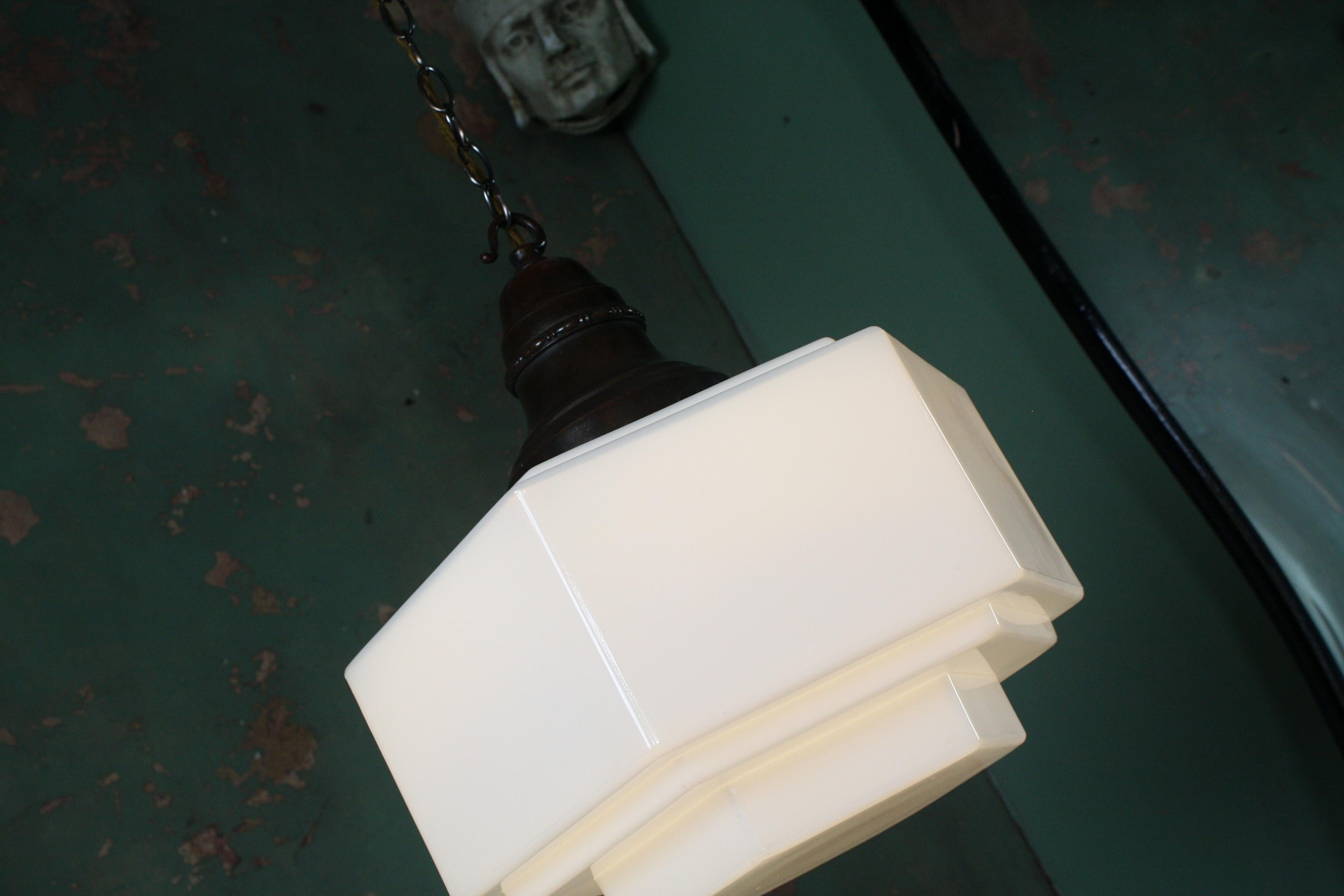 English Early 20th Century, Art Deco Stepped Opaline and Copper Pendant Light