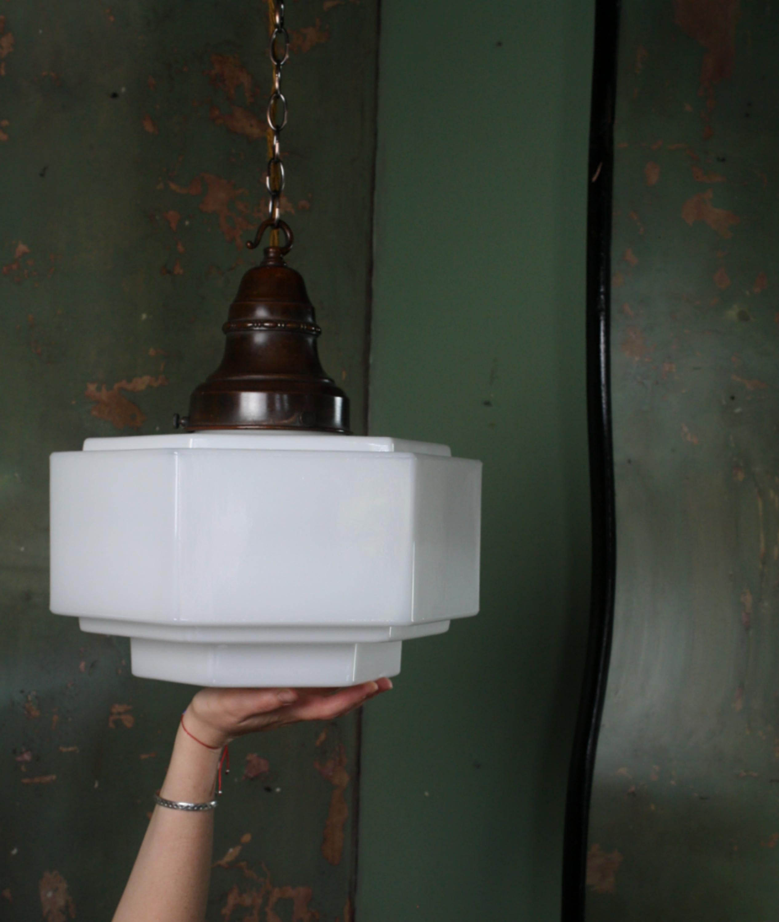 Early 20th Century, Art Deco Stepped Opaline and Copper Pendant Light 4
