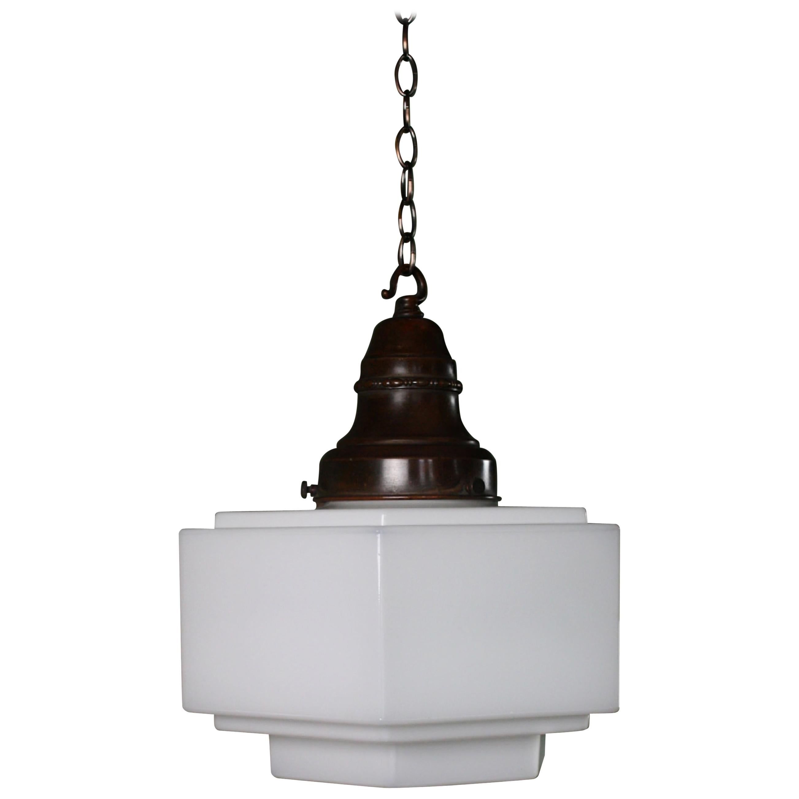 Early 20th Century, Art Deco Stepped Opaline and Copper Pendant Light