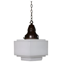 Antique Early 20th Century, Art Deco Stepped Opaline and Copper Pendant Light